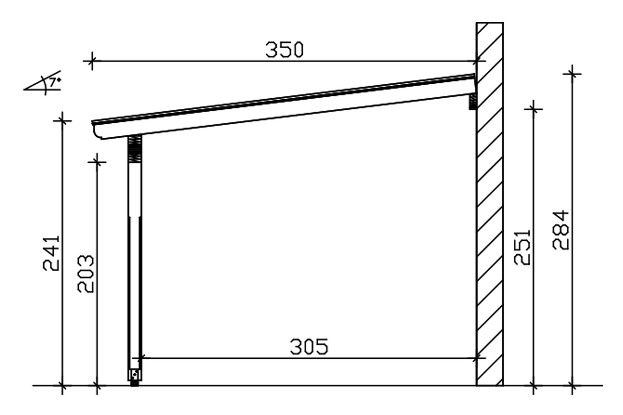 Grafik (Schnitt): Terrassenüberdachung Ravenna, Tiefe 350 cm