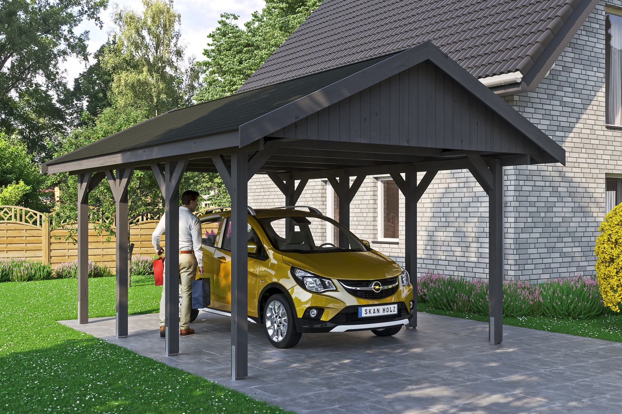 Ambientebild: Carport Wallgau 430 x 600 cm, mit schwarzen Dachschindeln, farblich behandelt in schiefergrau
