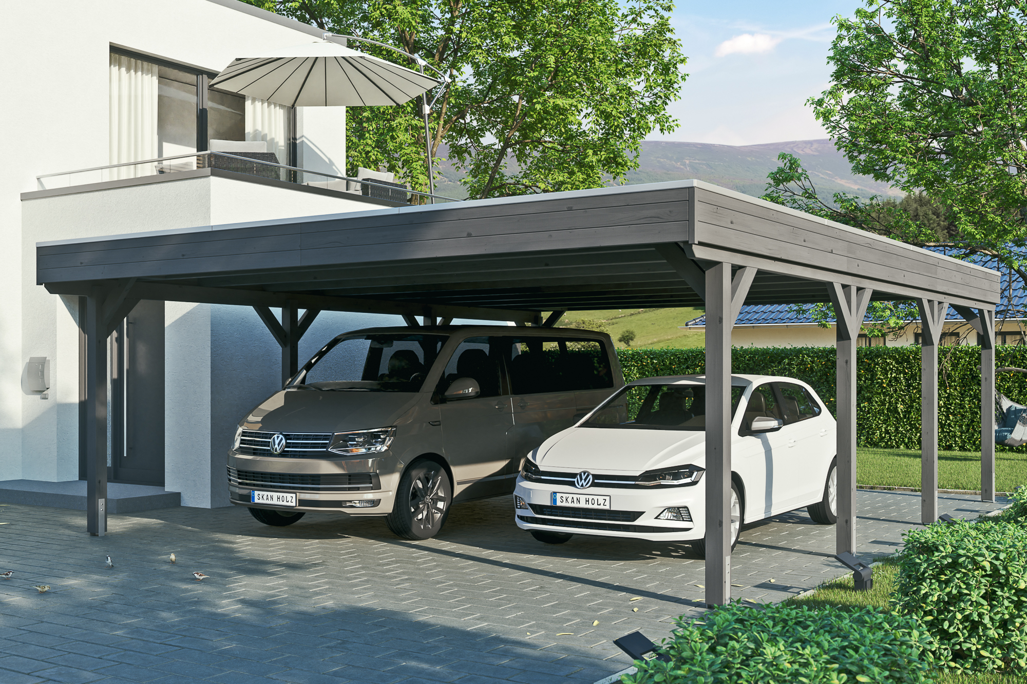 Ambientebild: Carport Grunewald 622 x 796 cm, farblich behandelt in schiefergrau