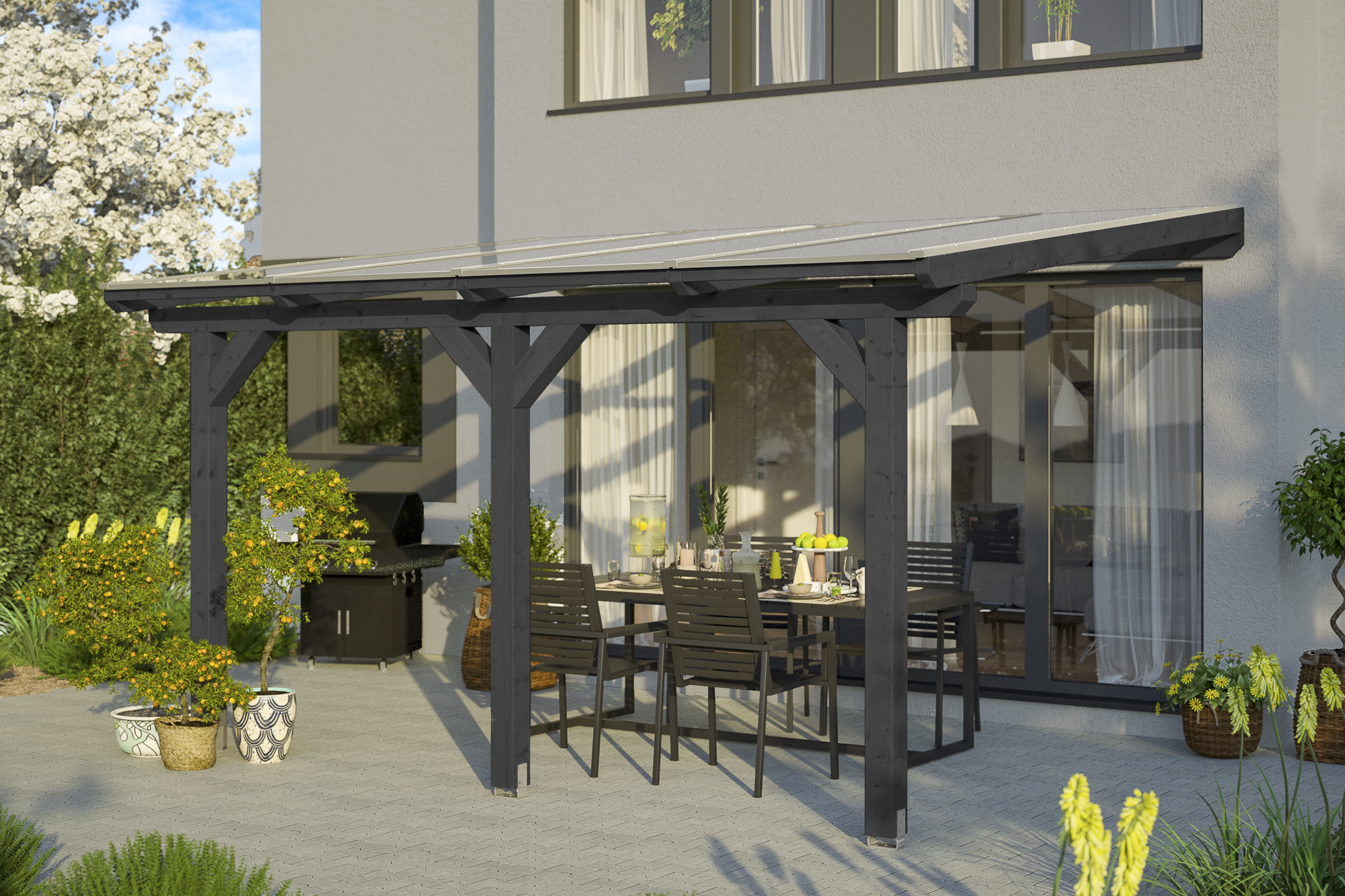 Terrasoverkapping Bormio 434 x 350 cm, gelamineerd hout, gelakt in antraciet