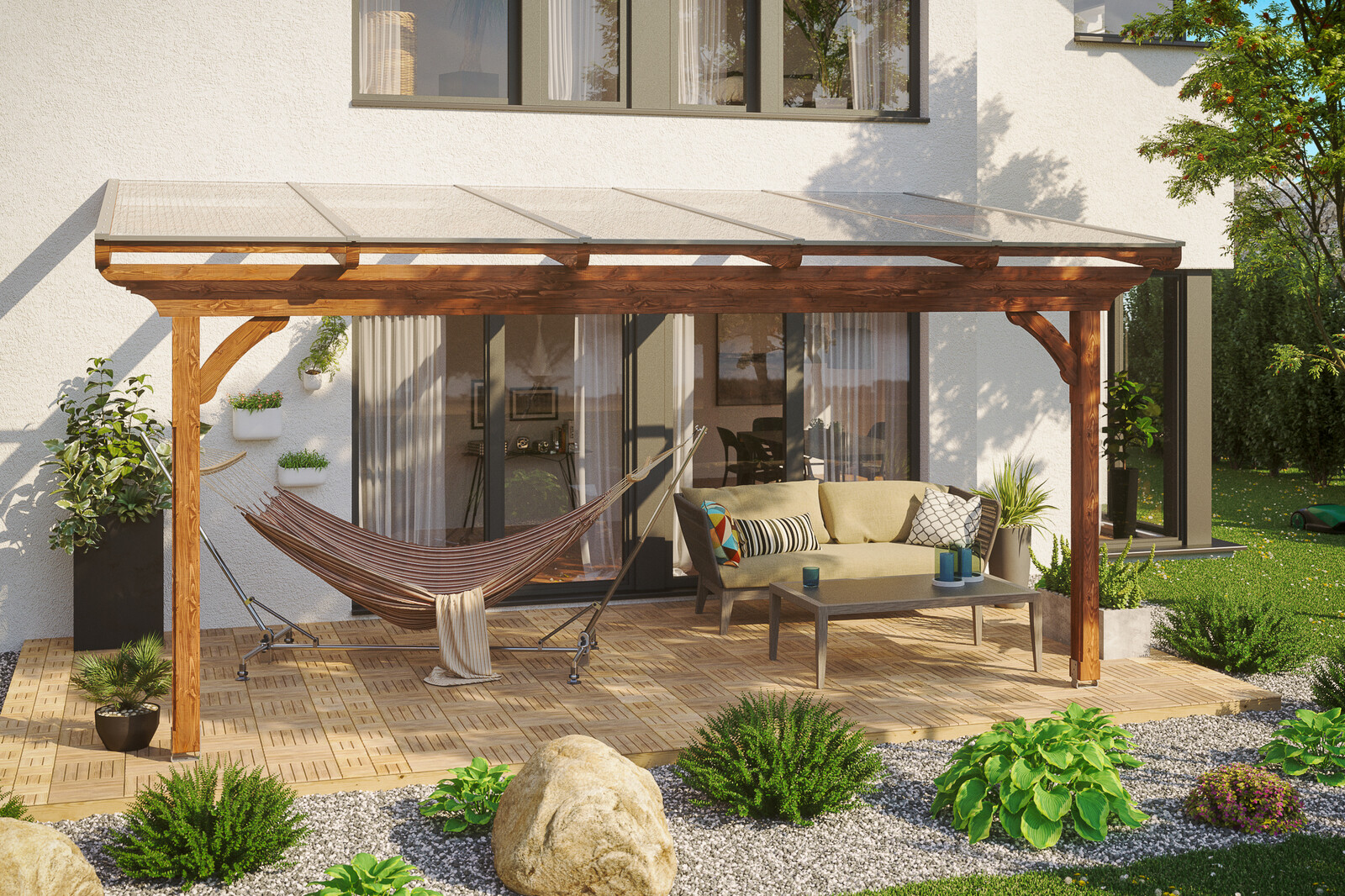 Terrassenüberdachung Ravenna 541 x 300 cm, Douglasie, nussbaum