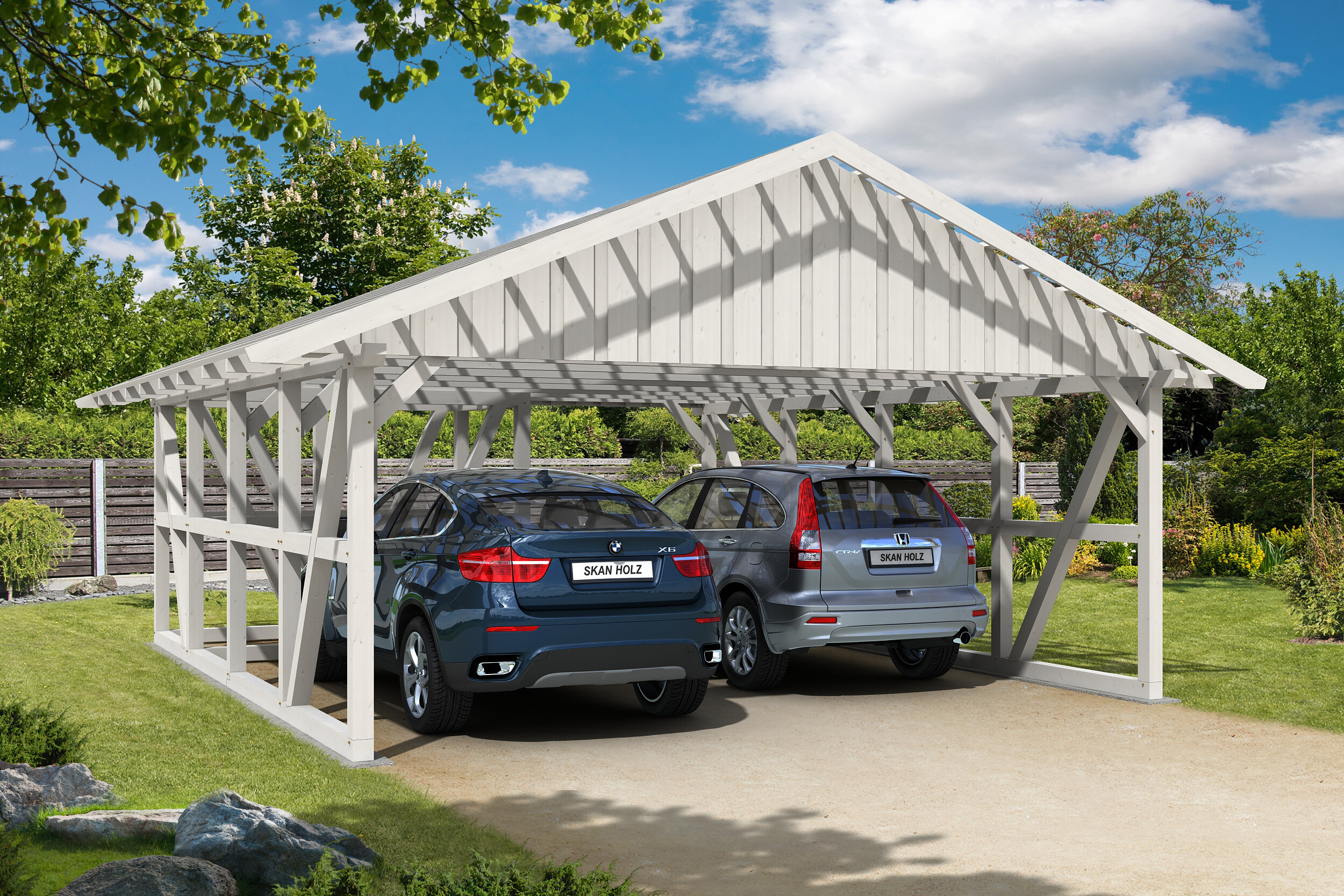 Carport Schwarzwald 684 x 772 cm mit Abstellraum 1, weiß, mit Dachlattung