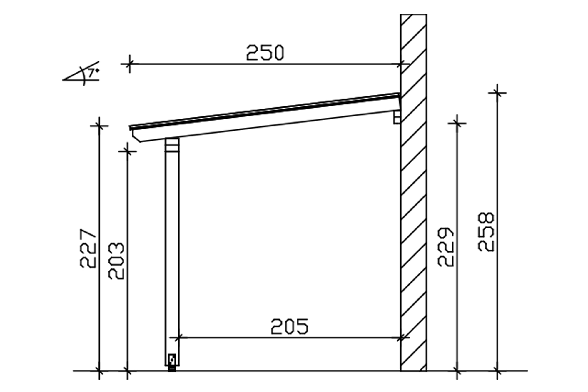 Grafik (Schnitt): Terrassenüberdachung Andria/Bormio, Tiefe 250 cm