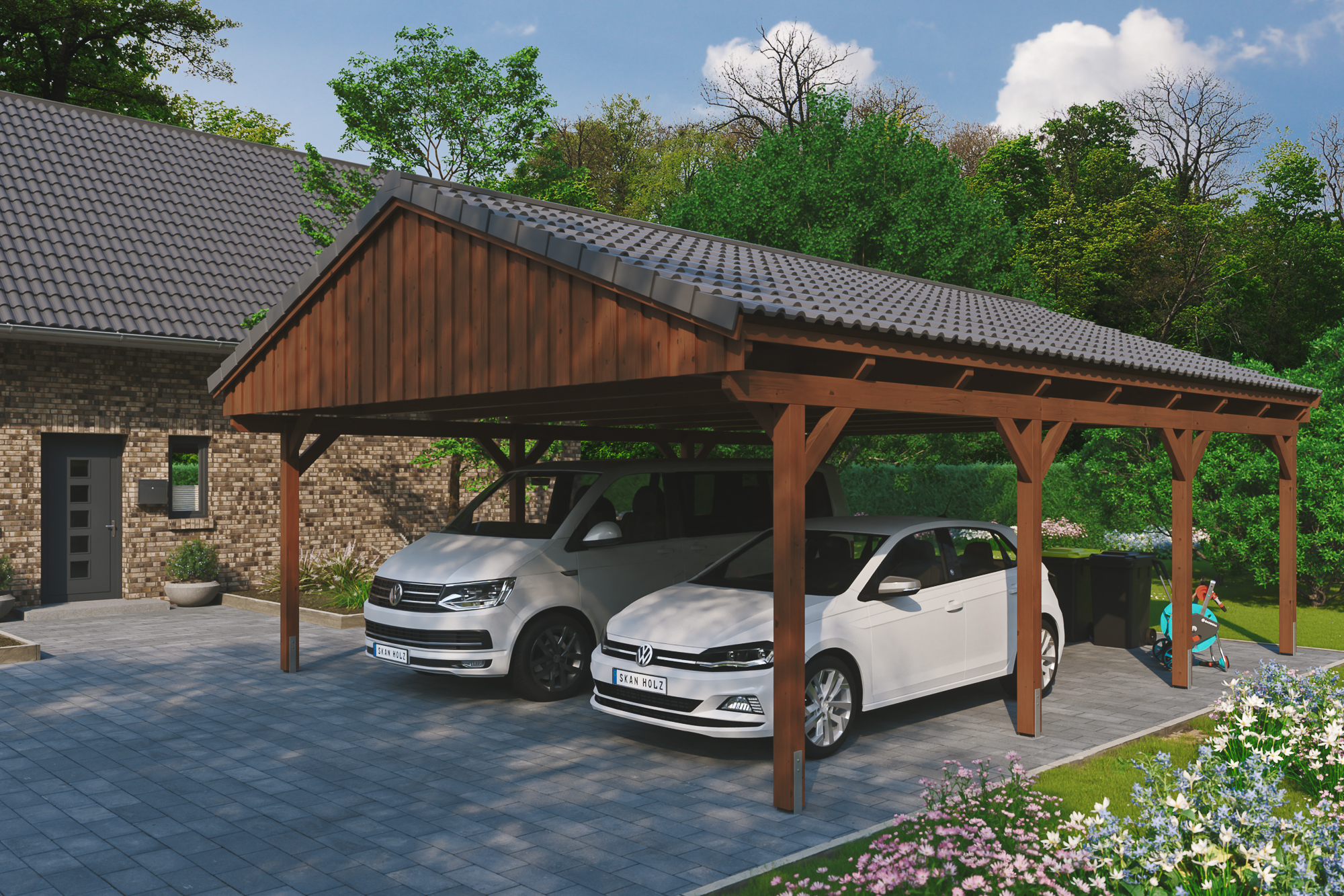 Ambientebild: Carport Fichtelberg 618 x 808 cm, farblich behandelt in nussbaum, mit Dachziegeln