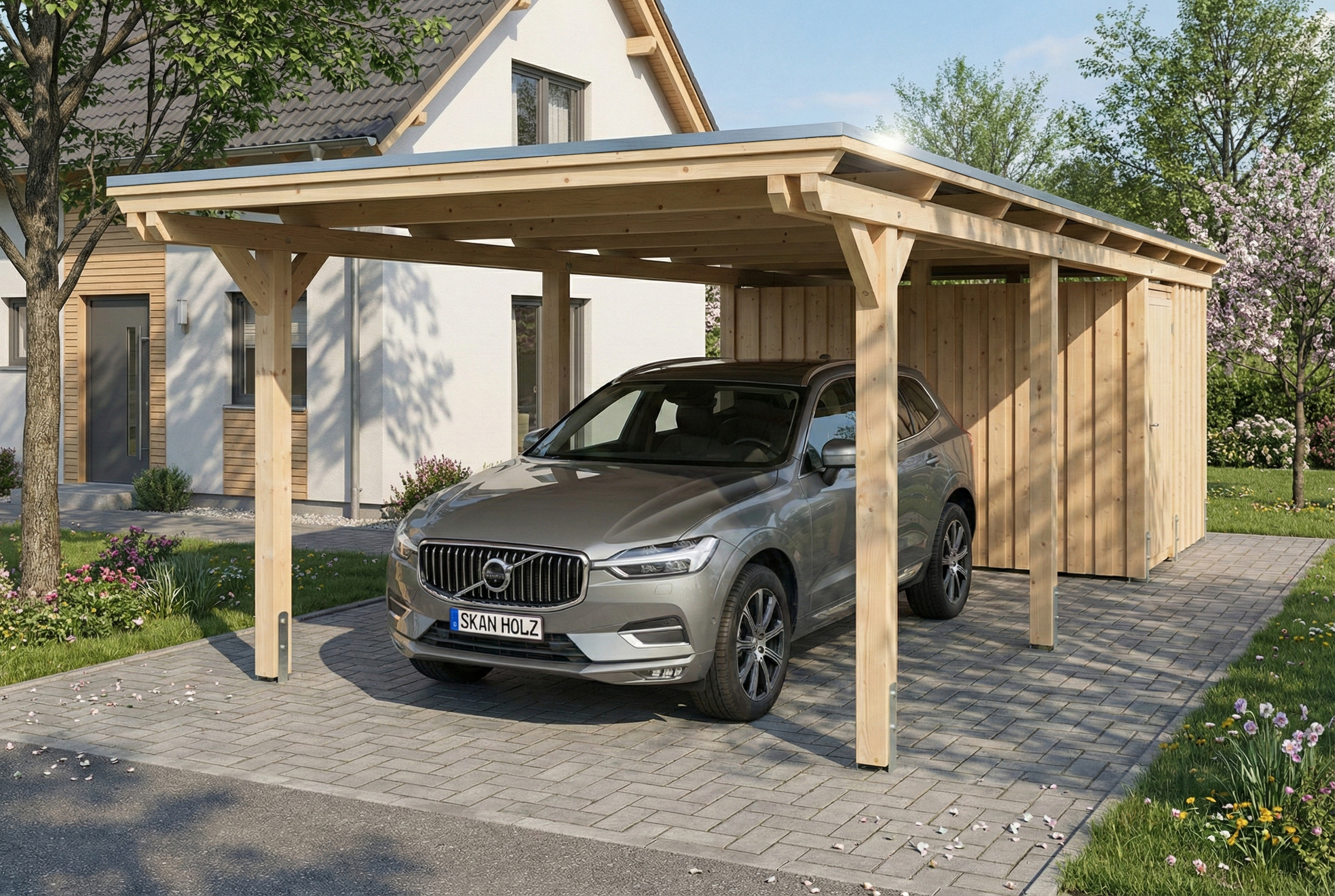 Carport Emsland 340 x 846 cm, panneaux de toit en acier avec non-tissé anti-condensation, avec remise, naturel