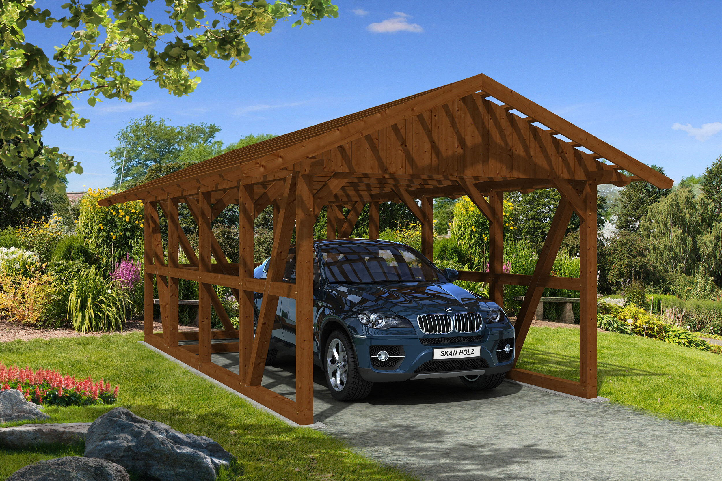 Carport Schwarzwald 424 x 772 cm mit Abstellraum, nussbaum, mit Dachlattung