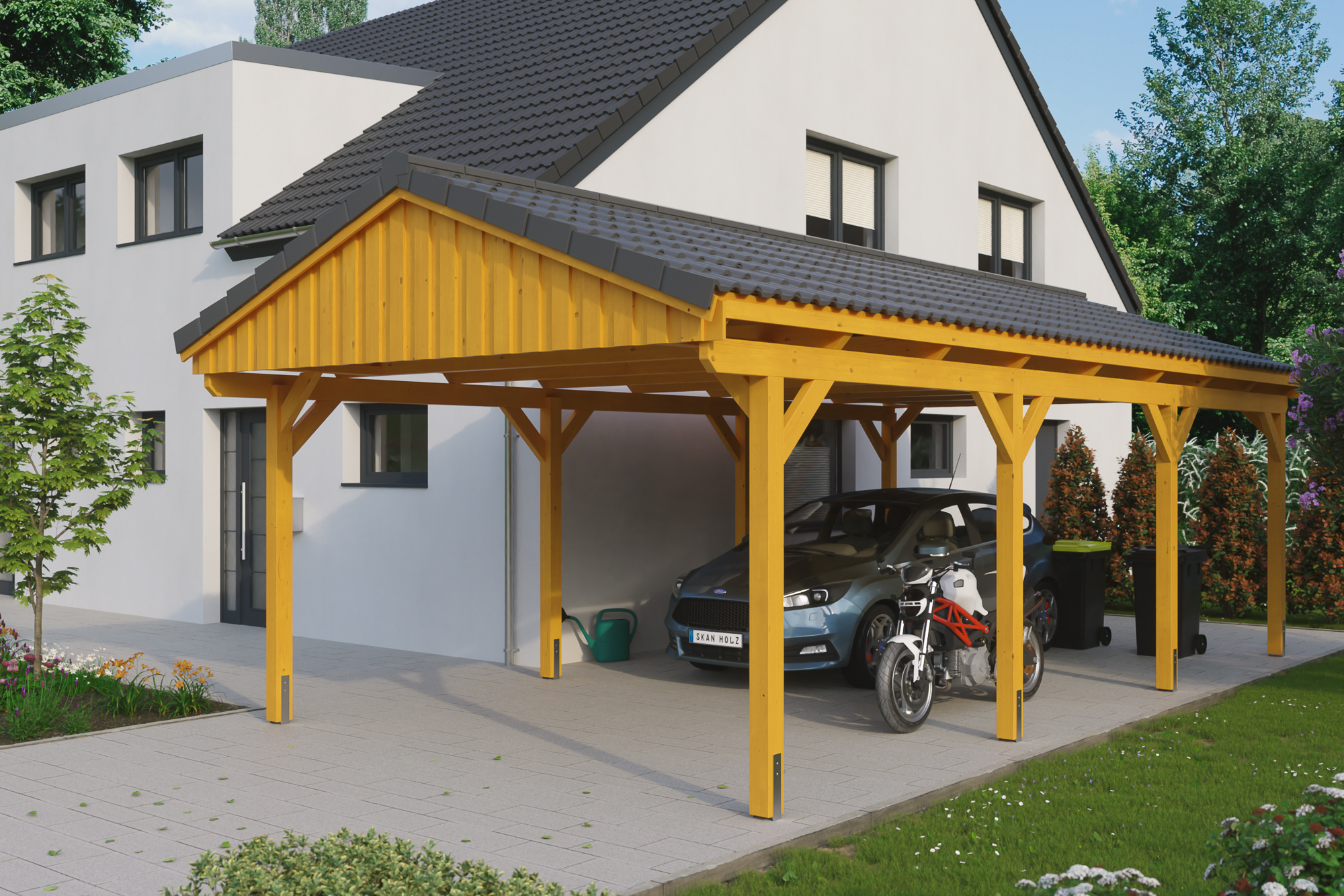 Ambientebild: Carport Fichtelberg 423 x 808 cm, farblich behandelt in eiche hell, mit Dachziegeln