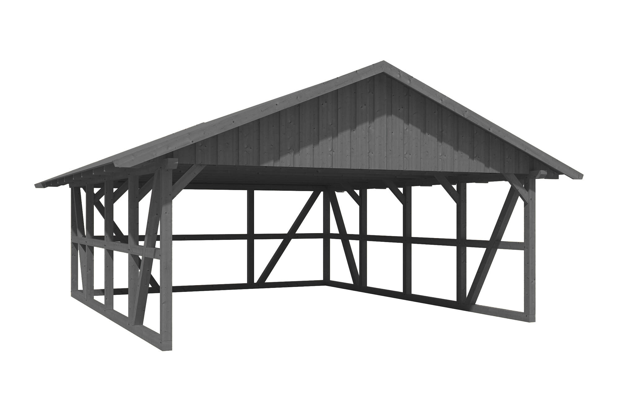 Carport SCHWARZWALD 684x772cm avec paroi arriere, planches de toit, KVH-bois d'épinette, traitement coloré gris ardoise