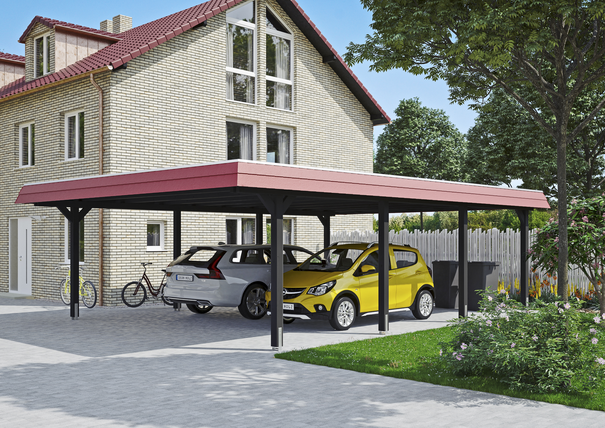 Ambientebild: Carport Wendland 630 x 879 cm, mit roter Blende, farblich behandelt in anthrazit