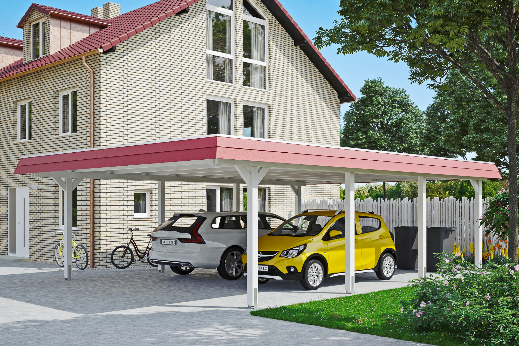 Ambientebild: Carport Wendland 630 x 879 cm, mit roter Blende, farblich behandelt in weiß