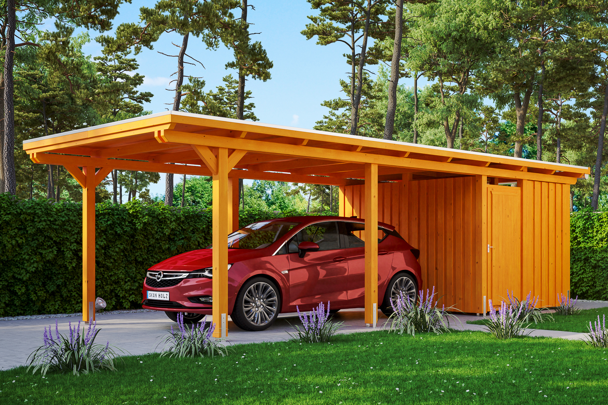 Ambientebild: Carport Emsland 354 x 846 cm mit Abstellraum, farblich behandelt in eiche hell