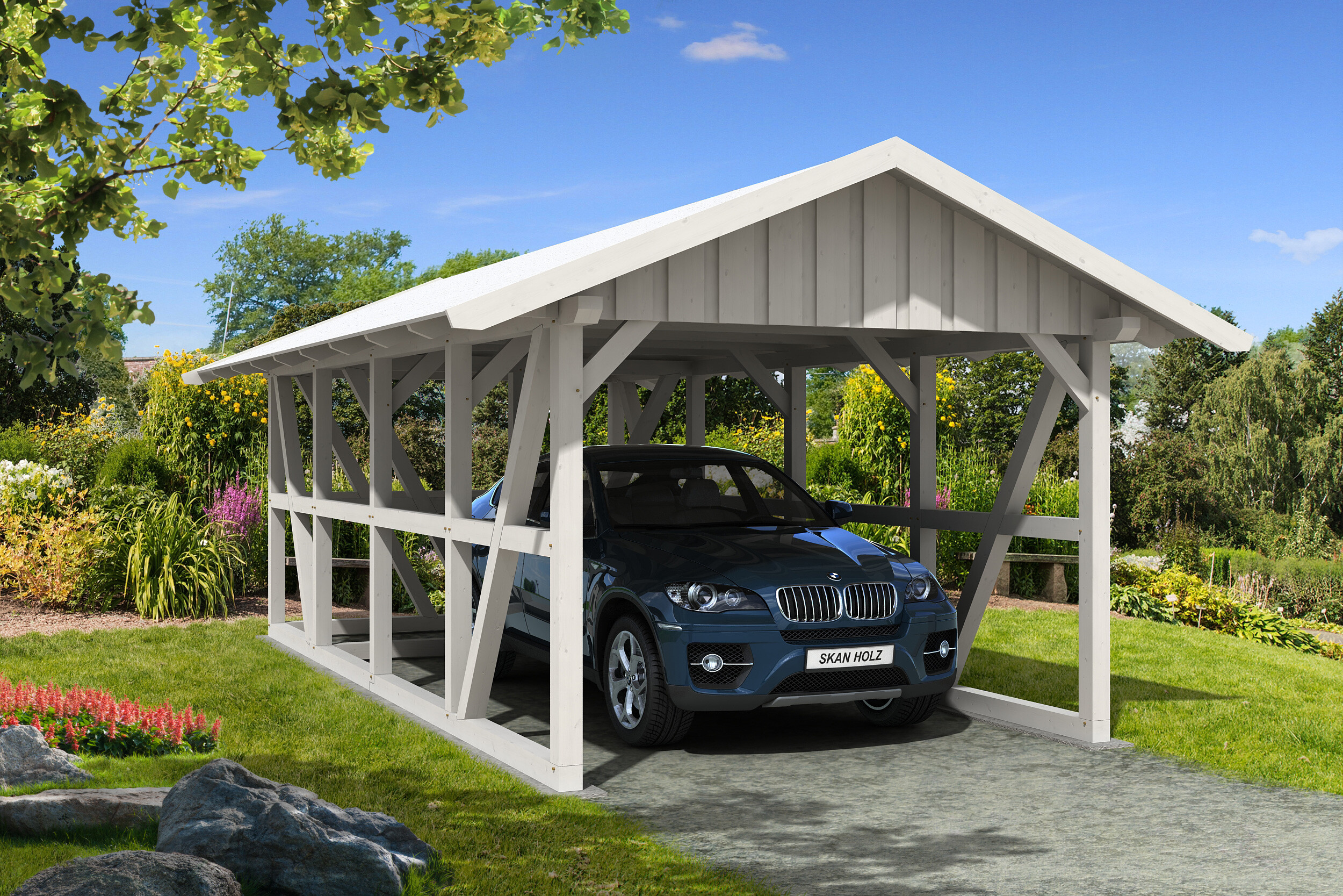 Carport Schwarzwald 424 x 772 cm mit Abstellraum, weiß, mit Dachschalung