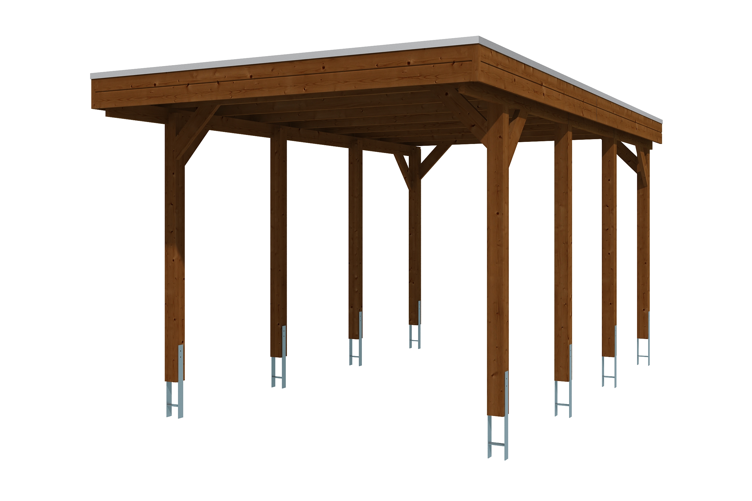 Carport Friesland 314 x 555 cm, gelakt in noten, met Aluminium dakplaten