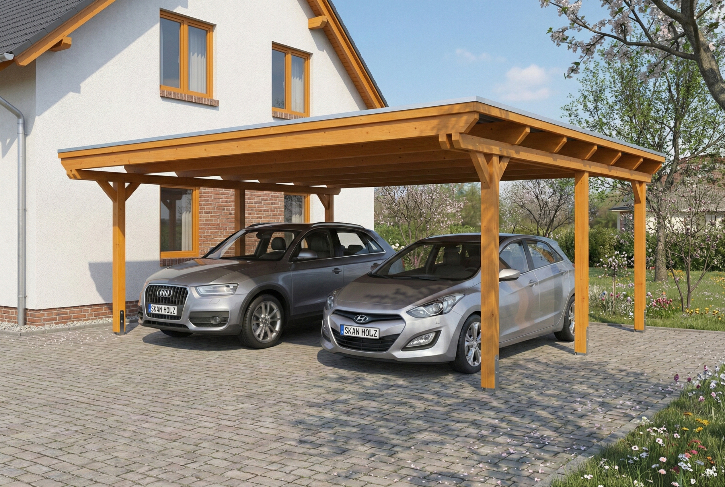 Carport Emsland 609 x 604 cm, stalen dakplaten met antiek condensvlies, licht eiken