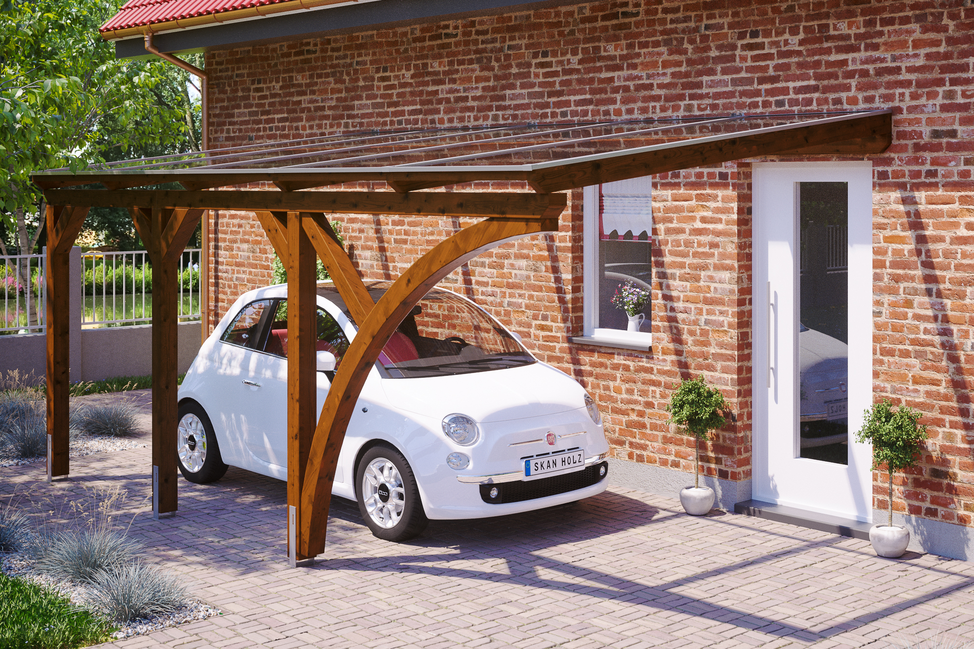 Ambientebild: Carport Eifel 300 x 541 cm, farblich behandelt in nussbaum