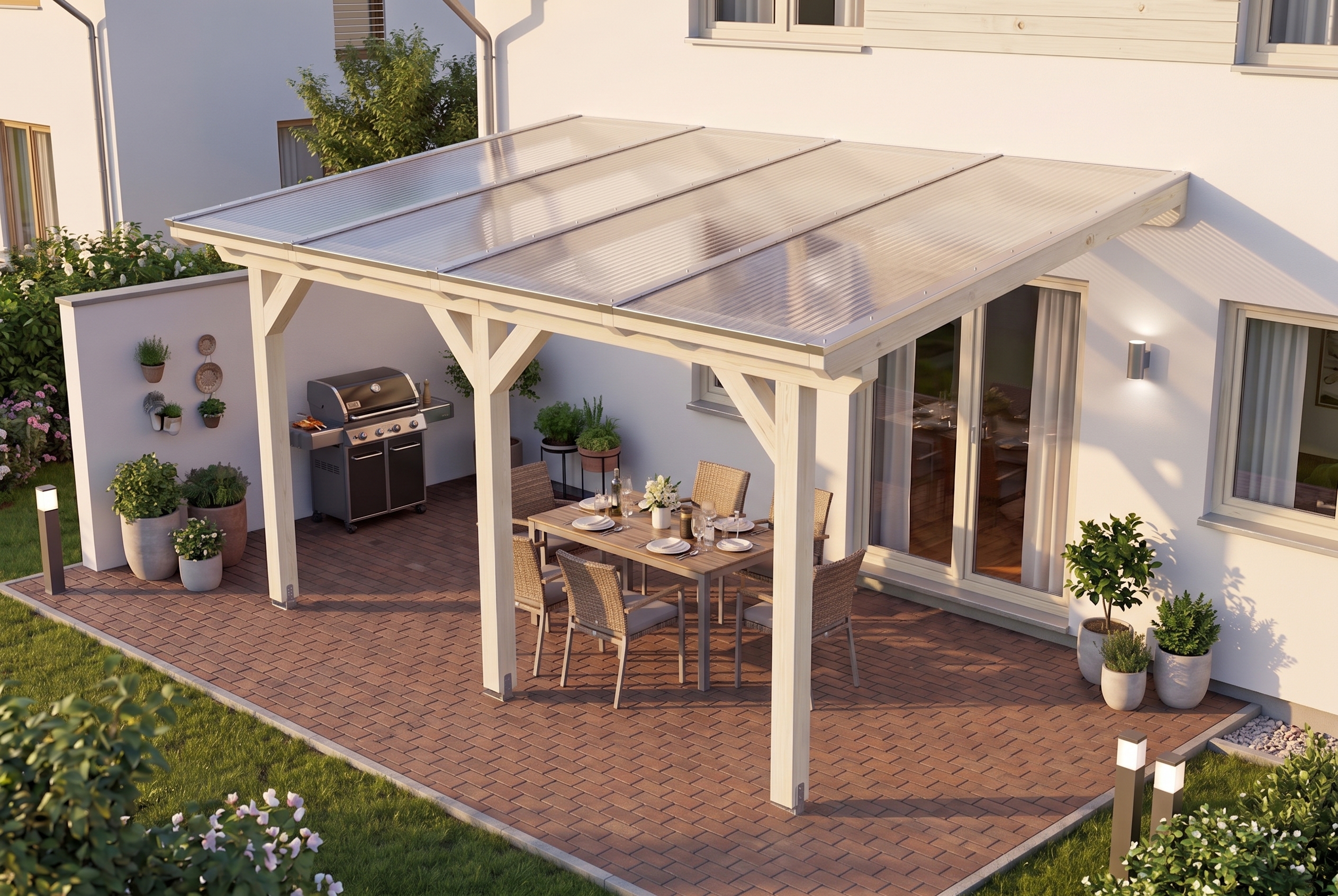Pergola adossée ANDRIA 434x250cm, bois lamellé-collé, traitement coloré blanc