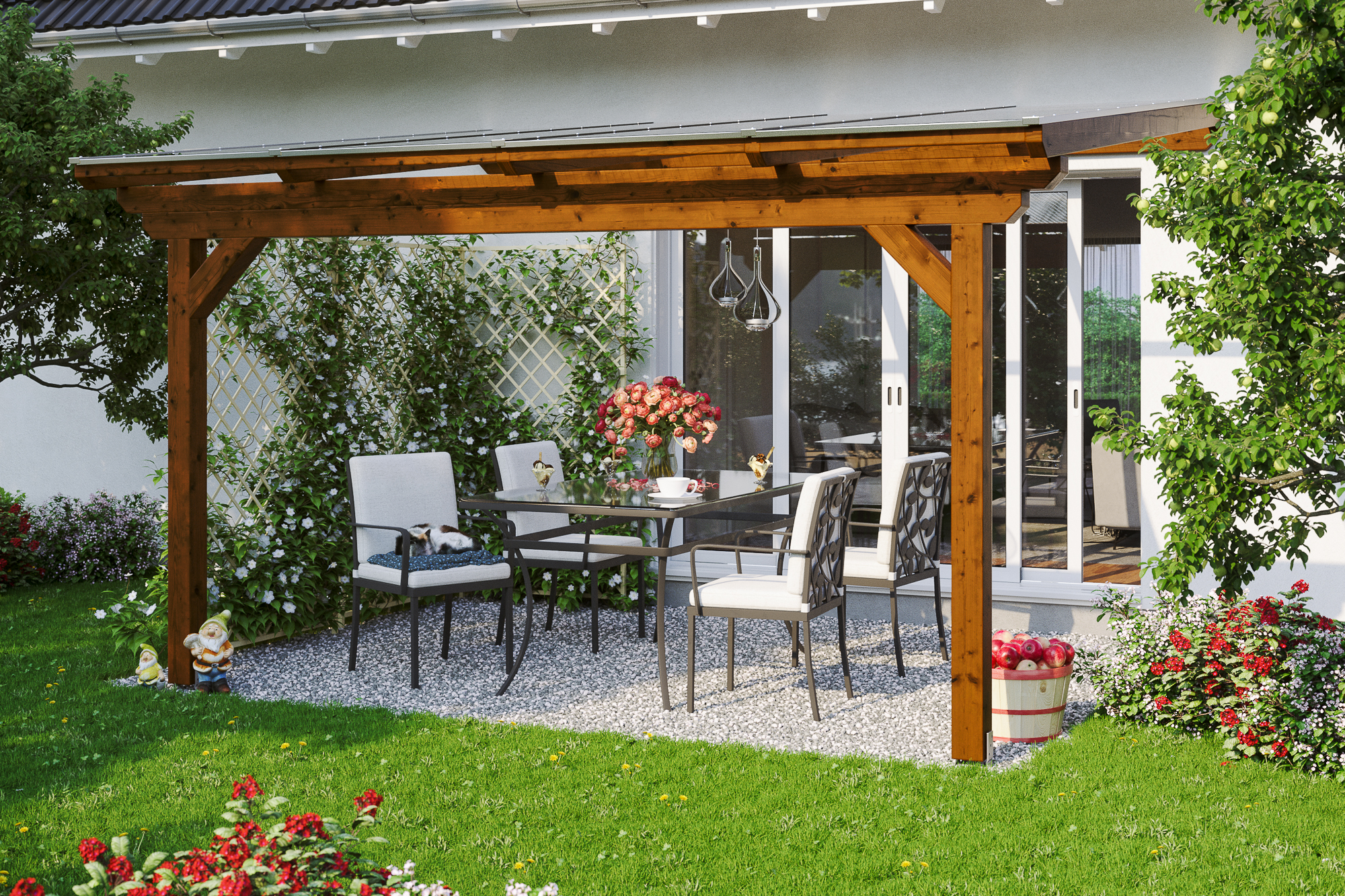 Ambientebild: Terrassenüberdachung Ancona, Breite 434 cm, farblich behandelt in nussbaum