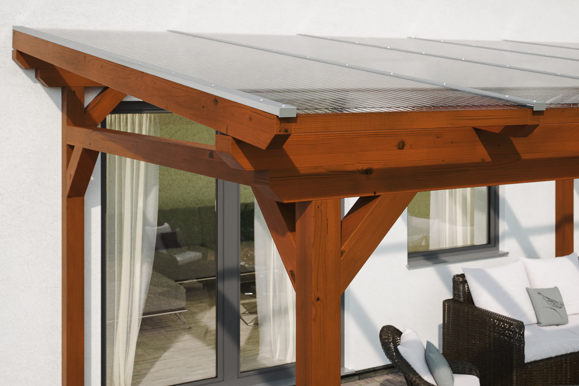 Detailbild einer Terrassenüberdachung Sanremo farblich behandelt in nussbaum mit Blick seitlich auf das Dach