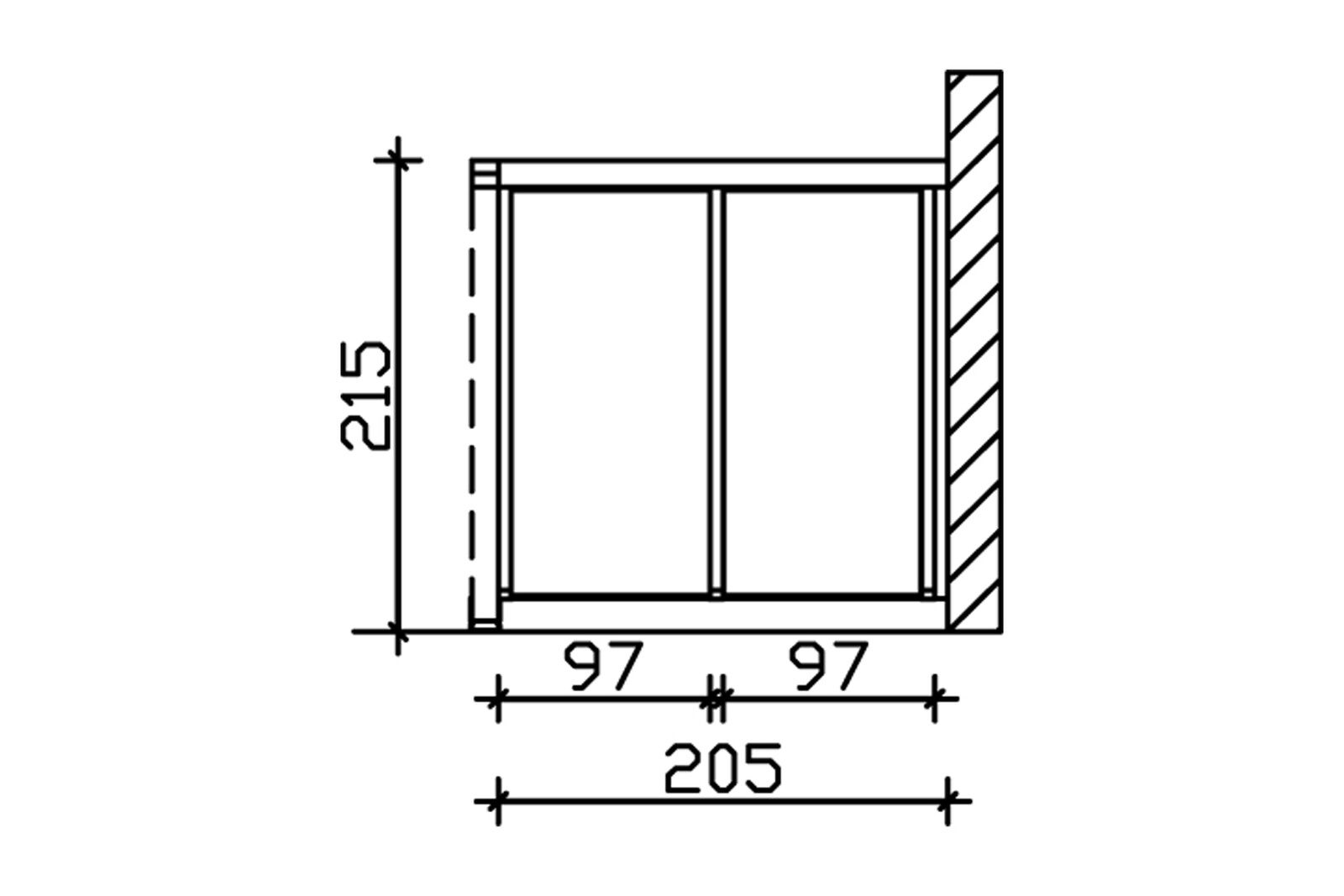 Sidewall with polycarbonate 205 x 200 cm, wal mounting, spruce, colour pre-treated in walnut