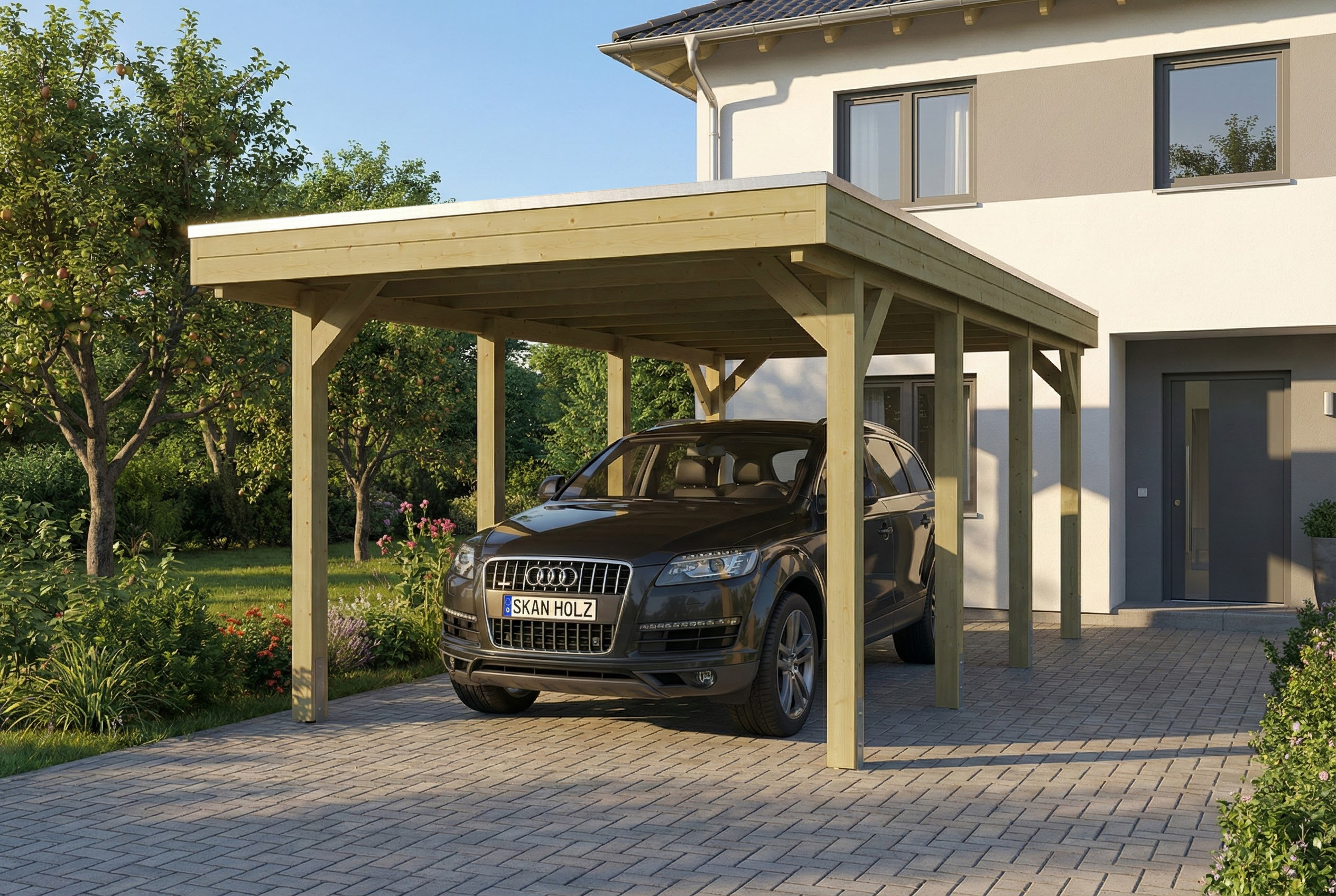 Carport Friesland 320 x 555 cm, mit Stahl-Dachplatten, grün imprägniert