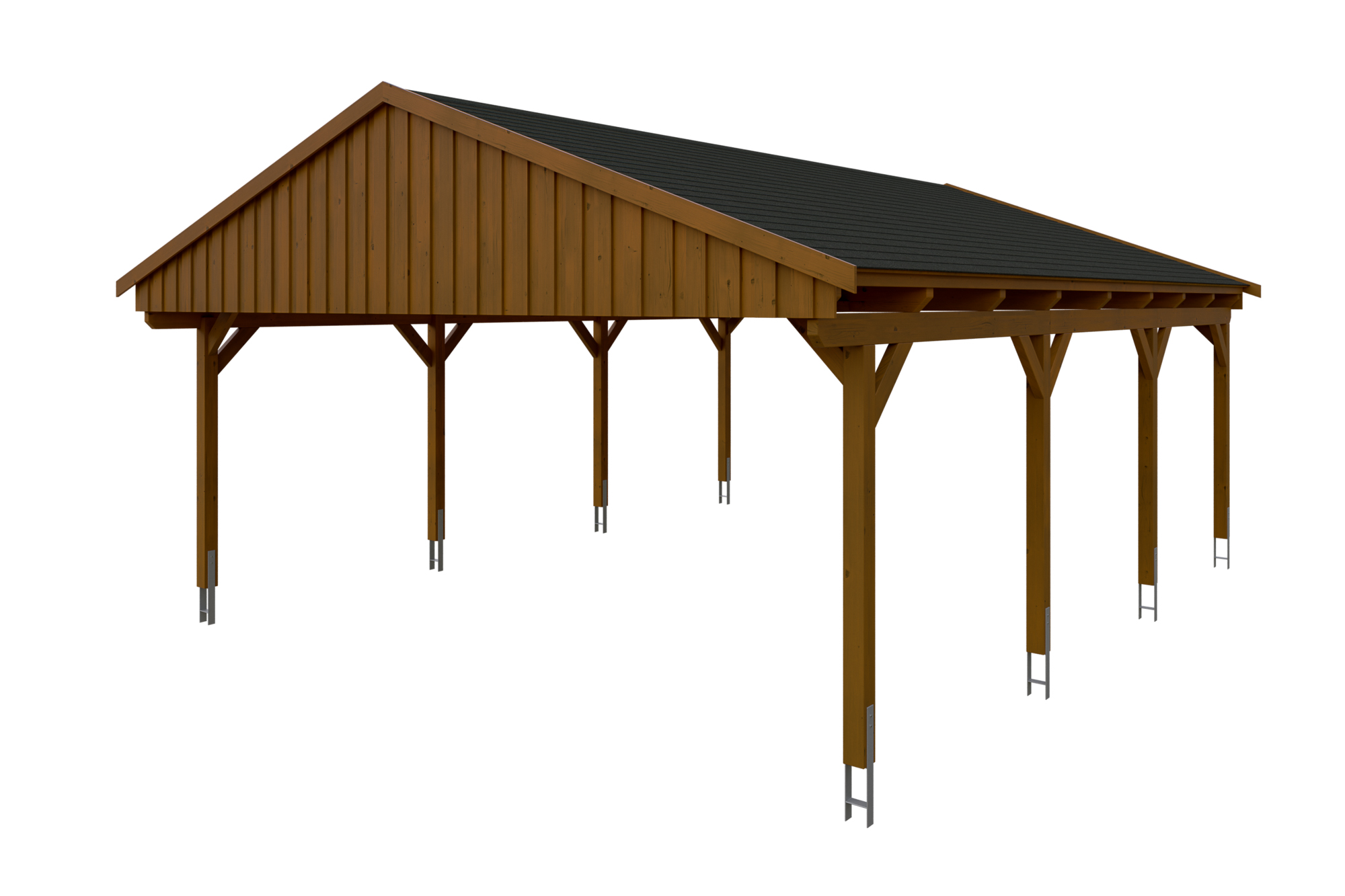 Produktbild: Carport Fichtelberg 618 x 808 cm, farblich behandelt in nussbaum, mit schwarzen Dachschindeln