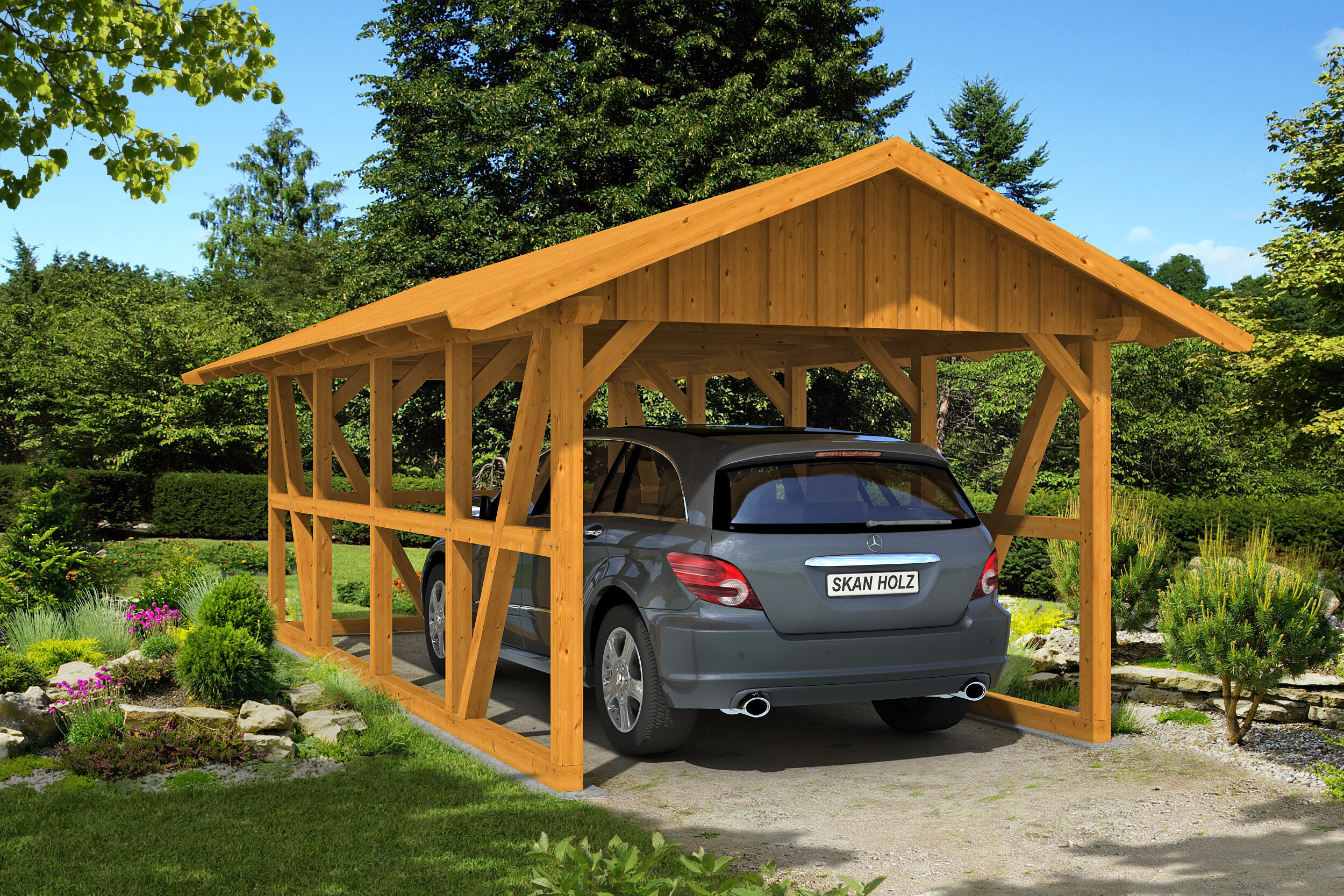 Ambientebild: Carport Schwarzwald 424 x 772 cm mit Rückwand, mit Dachschalung, farblich behandelt in eiche hell