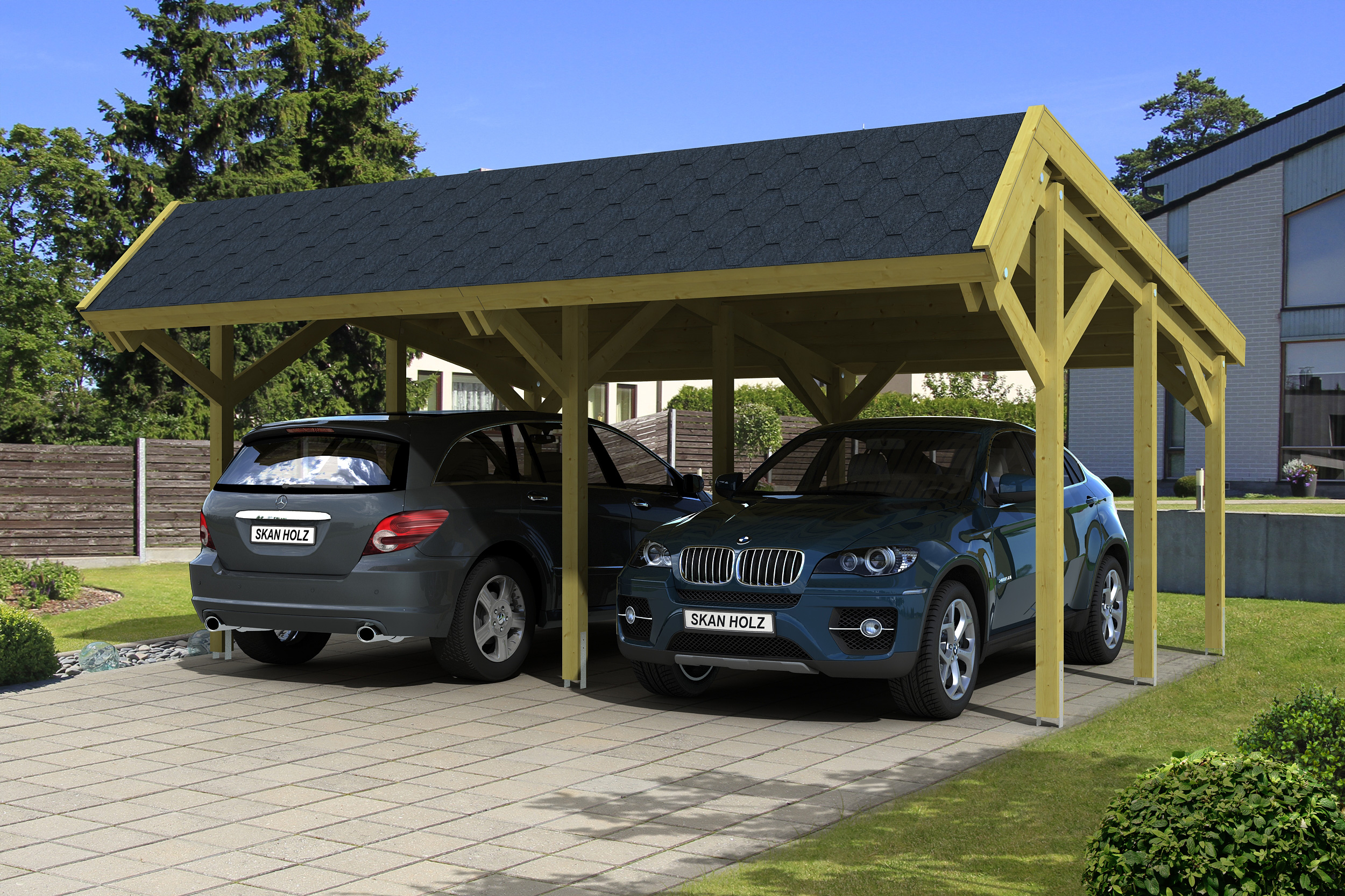 Ambientebild: Carport Harz 624 x 560 cm, mit schwarzen Dachschindeln