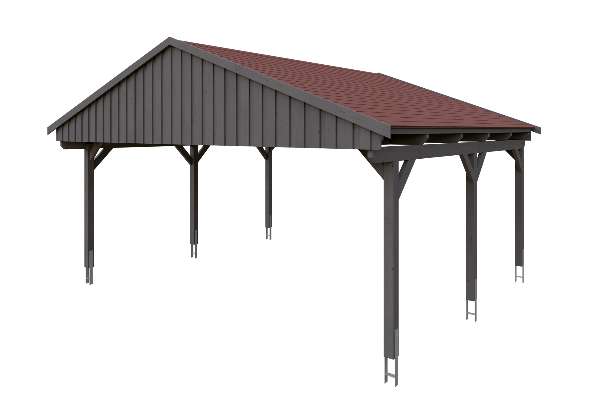 Carport Fichtelberg 618 x 566 cm, rode dakshingels, gelakt in leigrijs