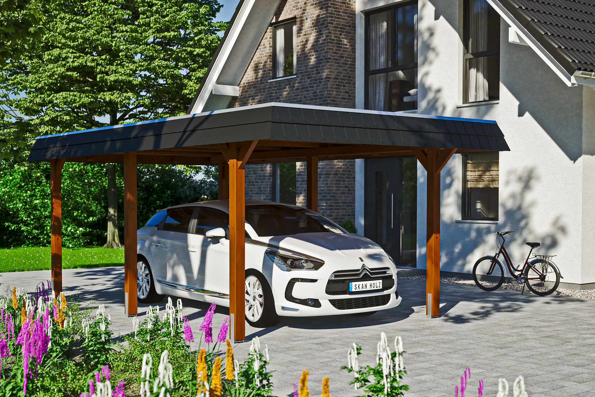 Ambientebild: Carport Wendland 362 x 628 cm, mit schwarzer Blende, farblich behandelt in nussbaum