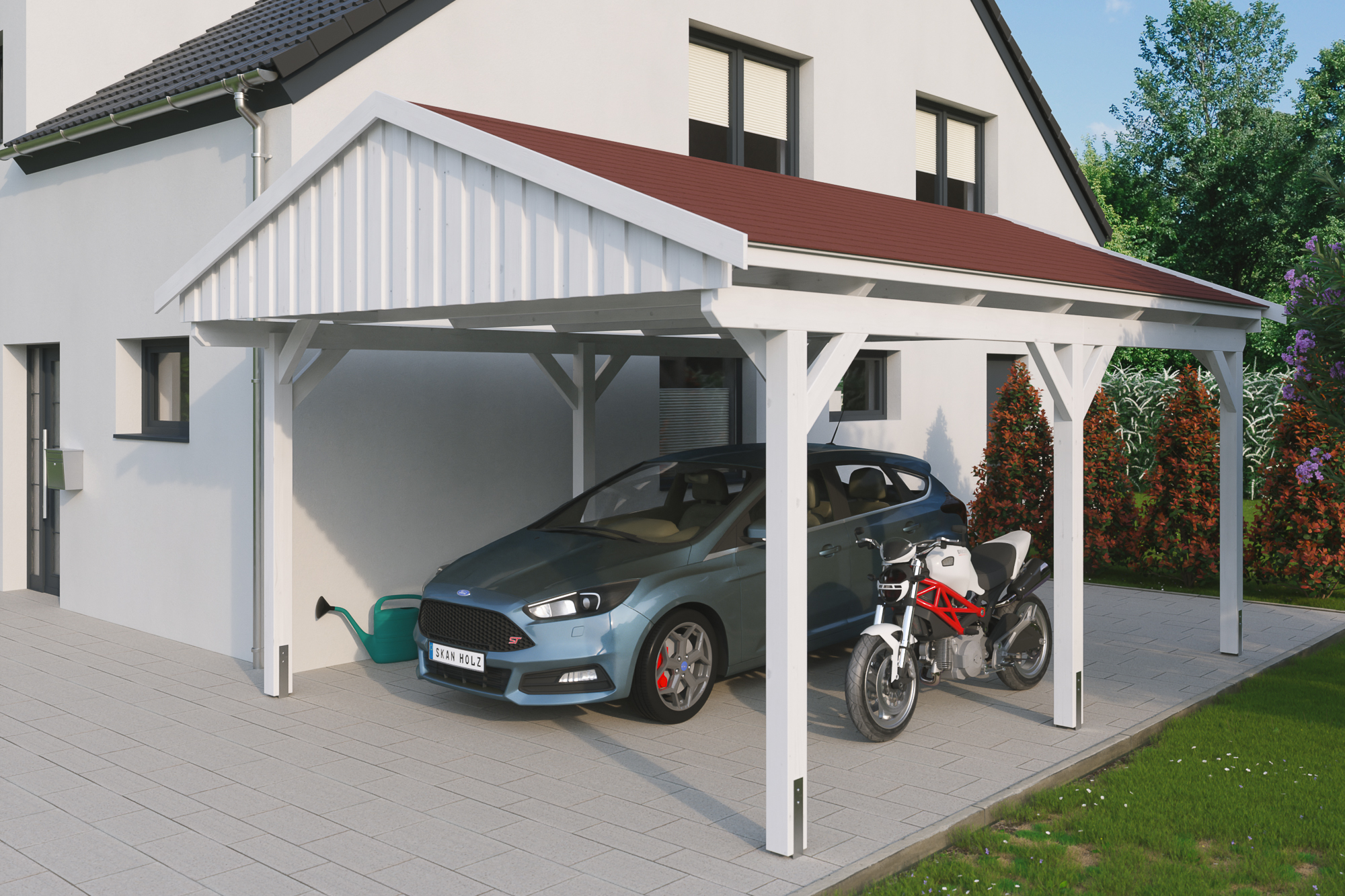 Ambientebild: Carport Fichtelberg 423 x 566 cm, farblich behandelt in weiß, mit roten Dachschindeln