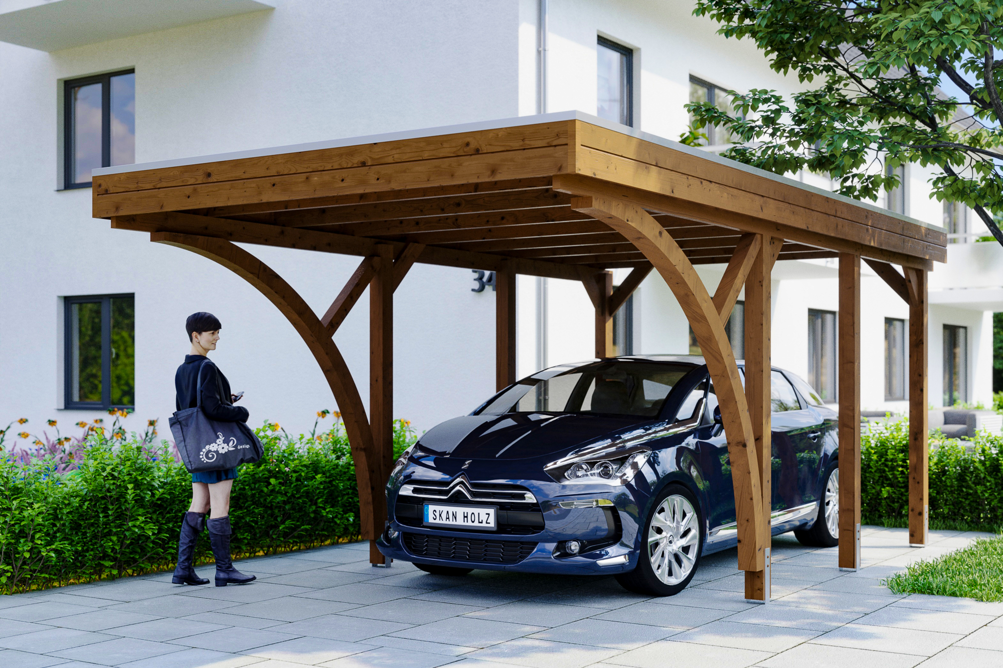 Ambientebild: Carport Friesland mit 2 Einfahrtsbögen_farblich behandelt in nussbaum
