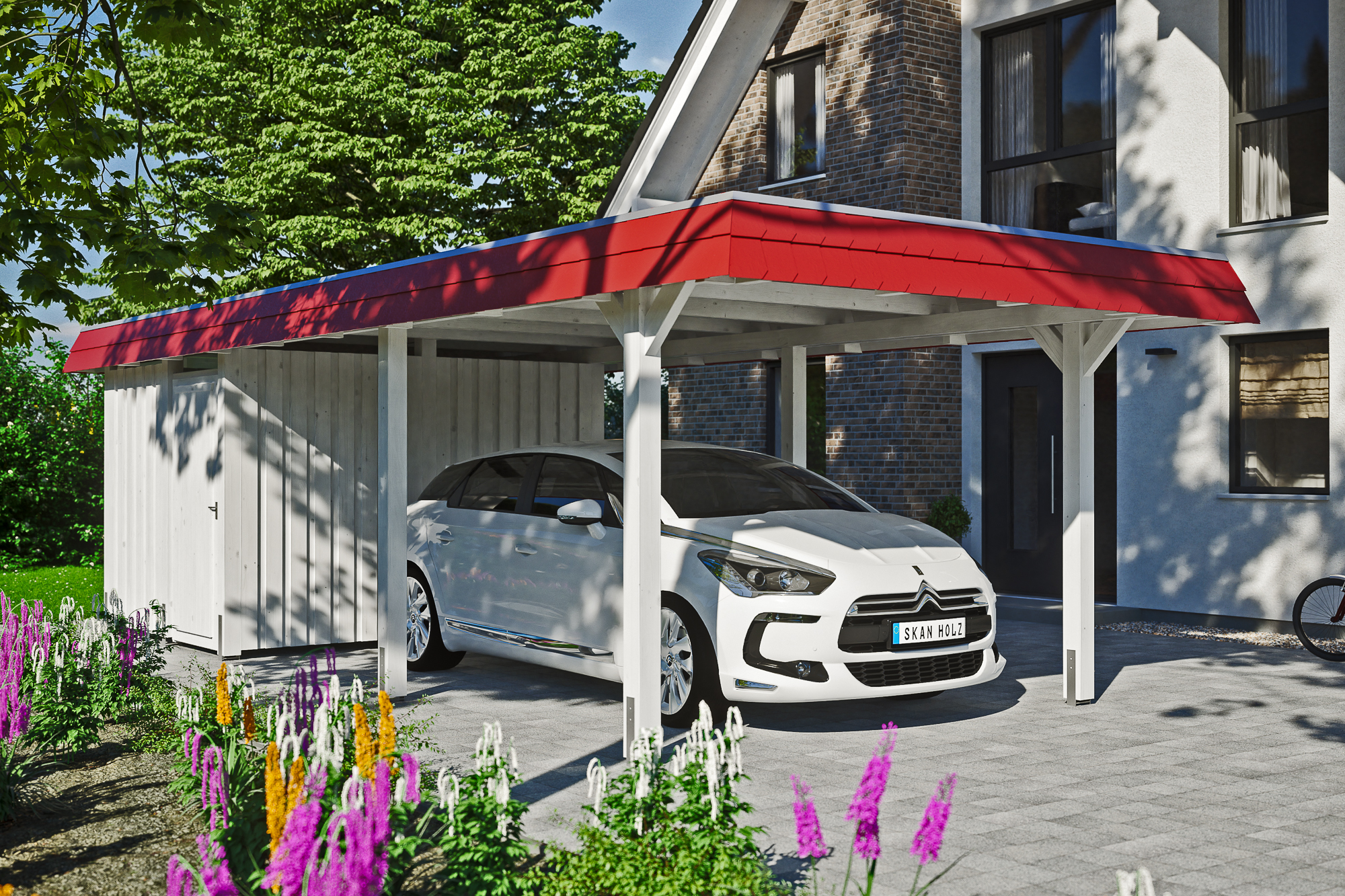 Ambientebild: Carport Wendland 362 x 870 cm, mit Abstellraum, mit roter Blende, farblich behandelt in weiß