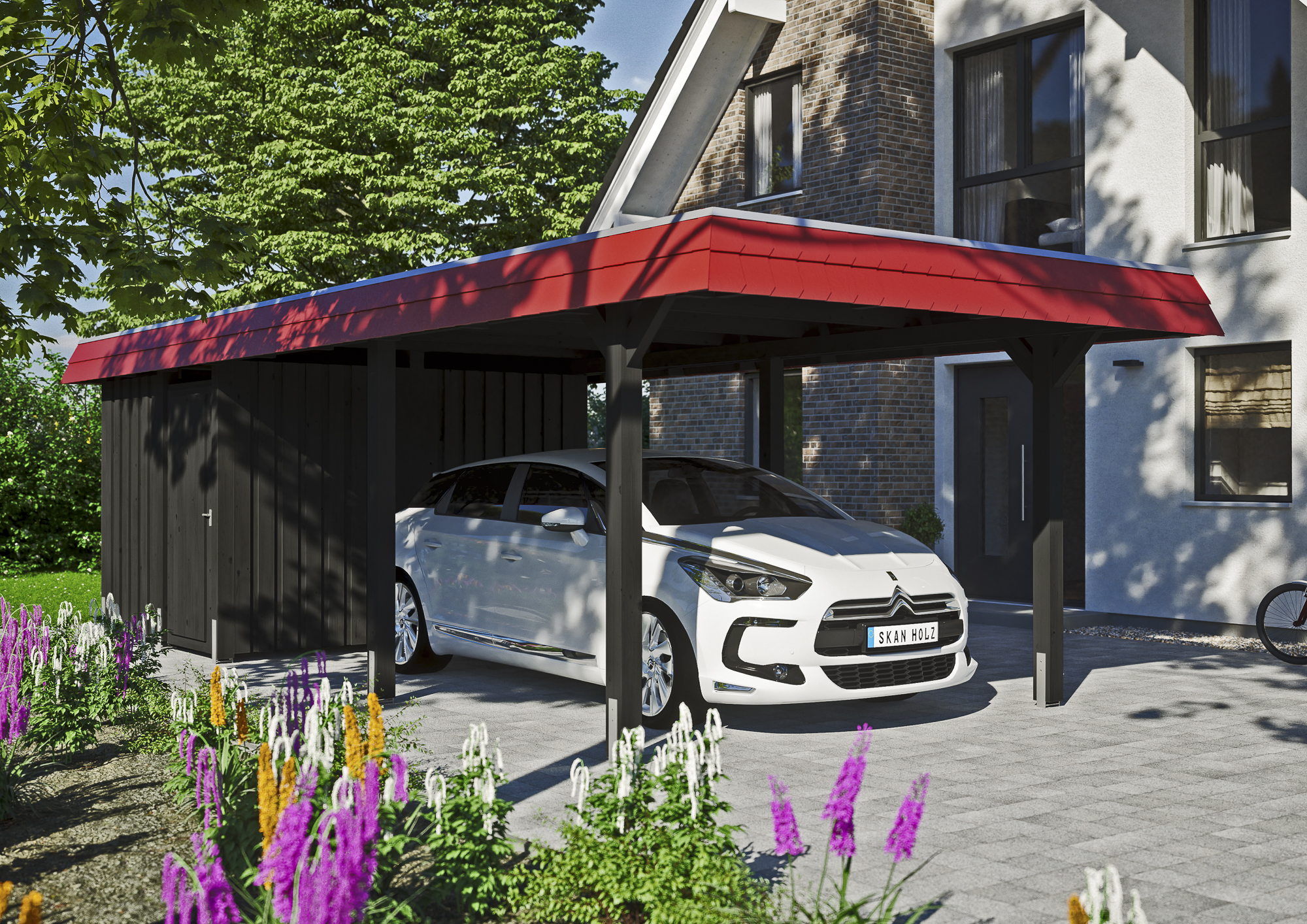 Ambientebild: Carport Wendland 362 x 870 cm, mit Abstellraum, mit roter Blende, farblich behandelt in anthrazit