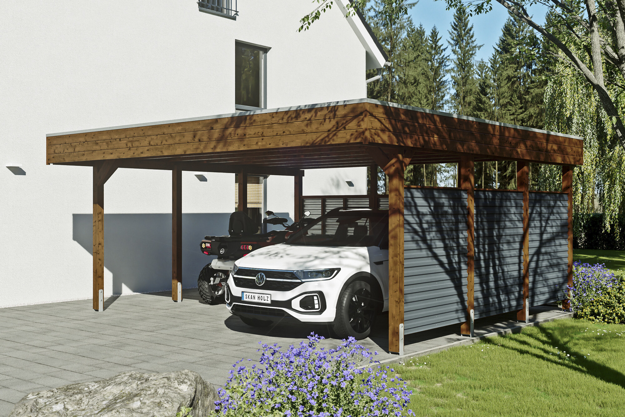 Carport Friesland Hybrid Set 13, 557 x 555 cm, met zij- en achterwand, gelakt in noten, met Aluminium dakplaten