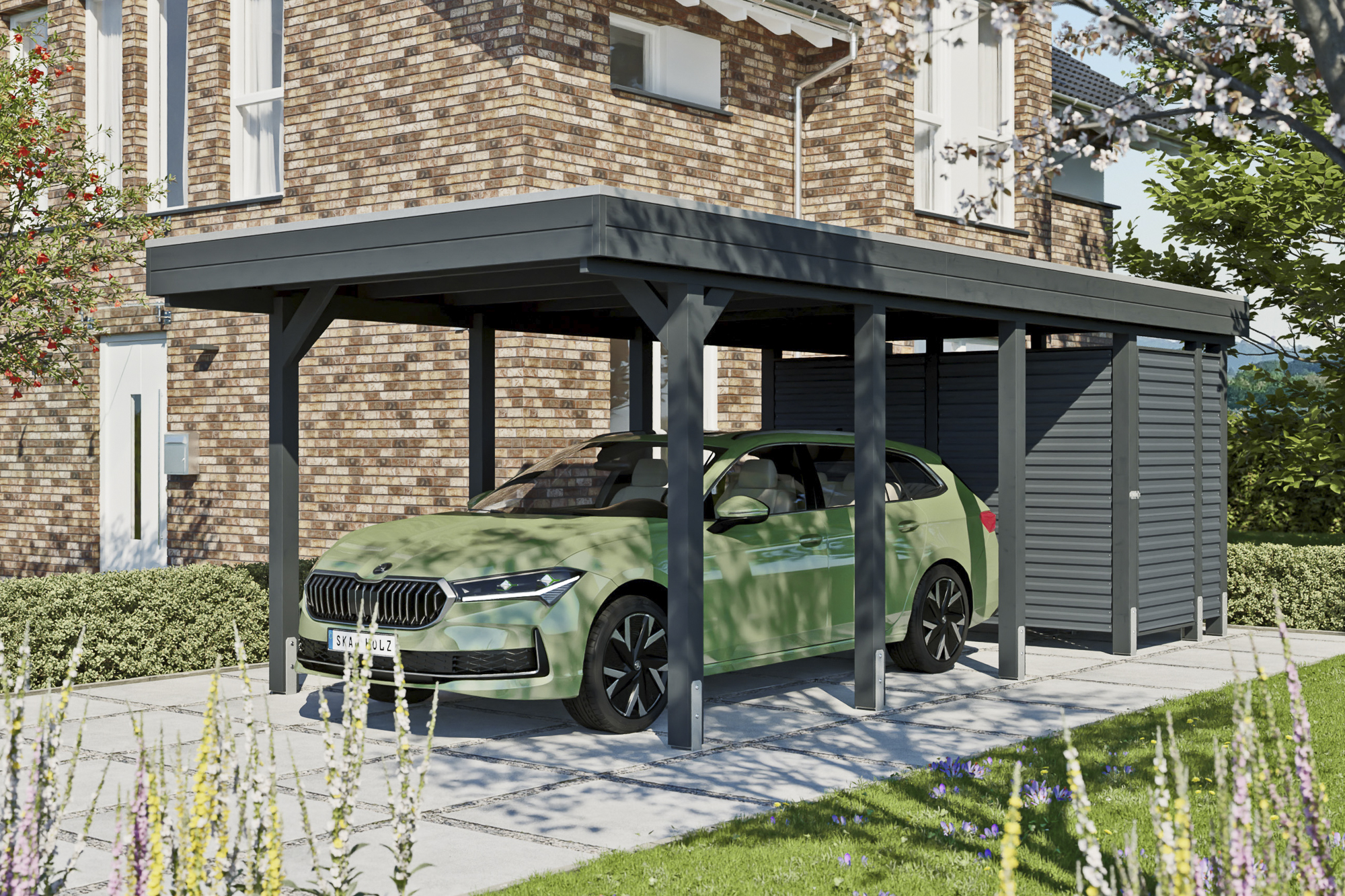 Ambientebild: Carport Friesland Set 12, 314 x 708 cm, mit Abstellraum, farblich behandelt in anthrazit