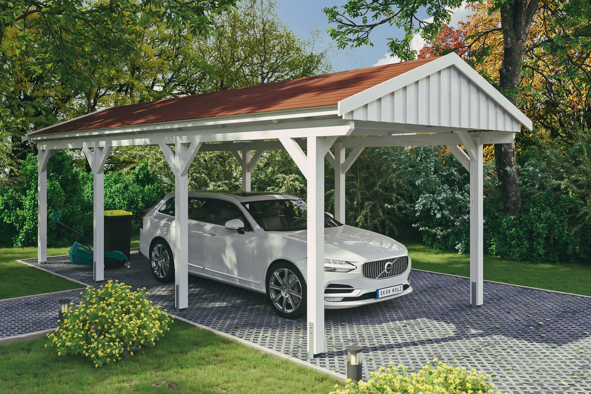 Ambientebild: Carport Fichtelberg 317 x 808 cm, farblich behandelt in weiß, mit roten Dachschindeln