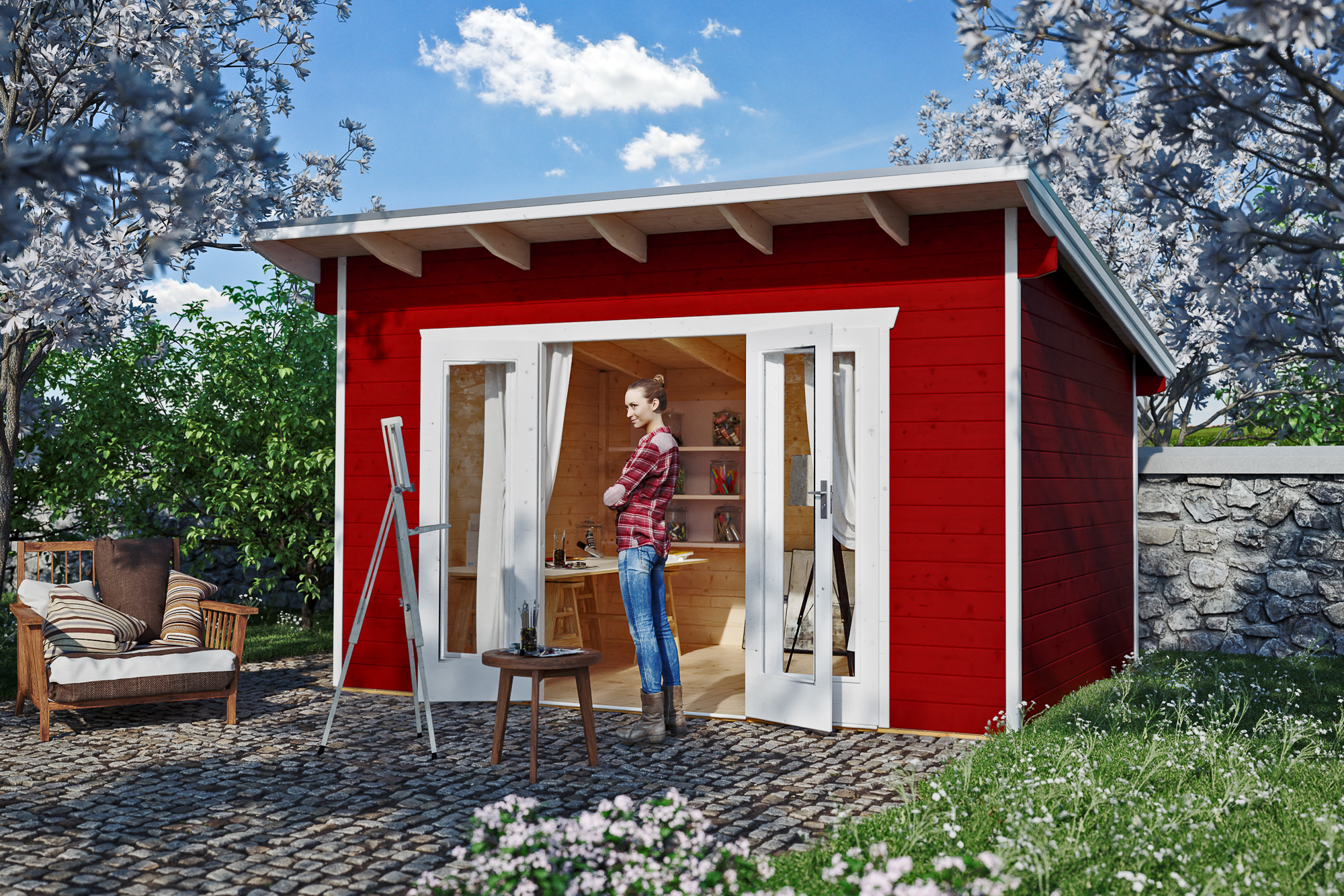 Zahradní domek OSTENDE 1, 28mm, 350 x 250 cm, barevně ošetřeno ve vínově červené barvě