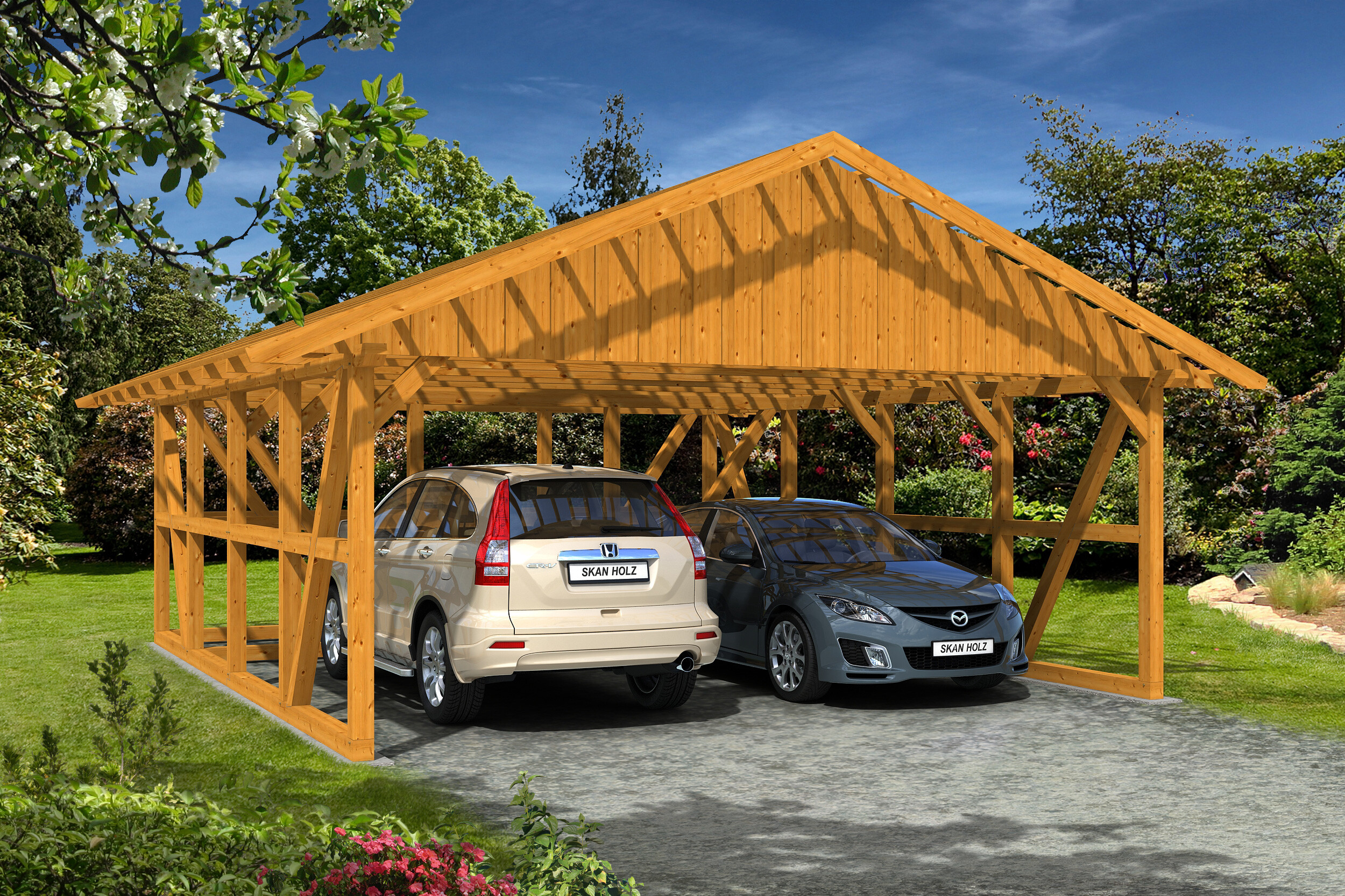 Carport Schwarzwald 684 x 772 cm mit Abstellraum 3, eiche hell, mit Dachlattung