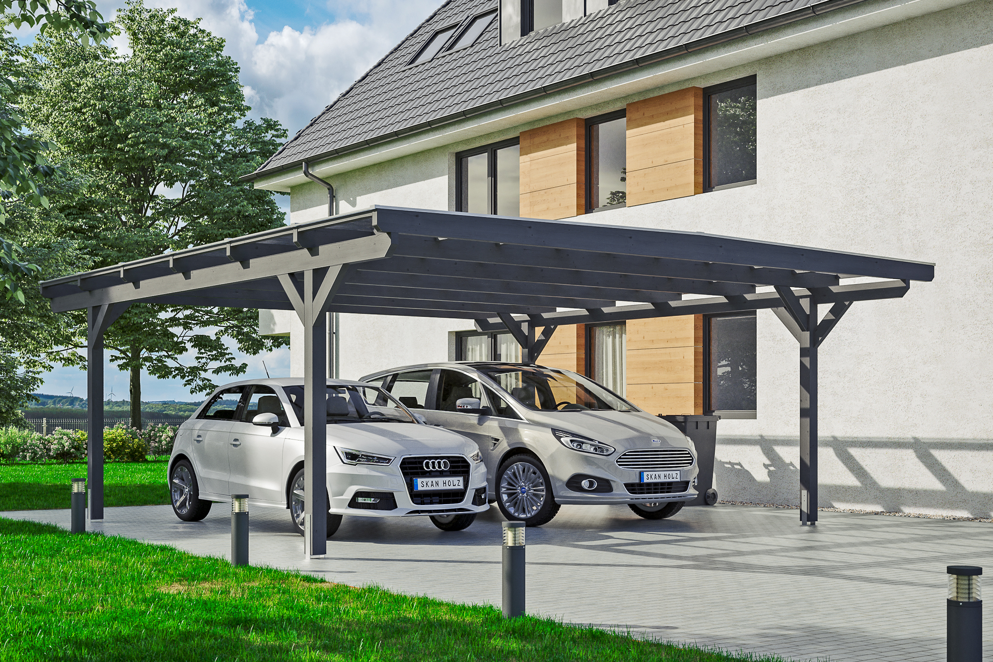 Carport Odenwald 640 x 648 cm, gelakt in leigrijs, met polycarbonaatplaten