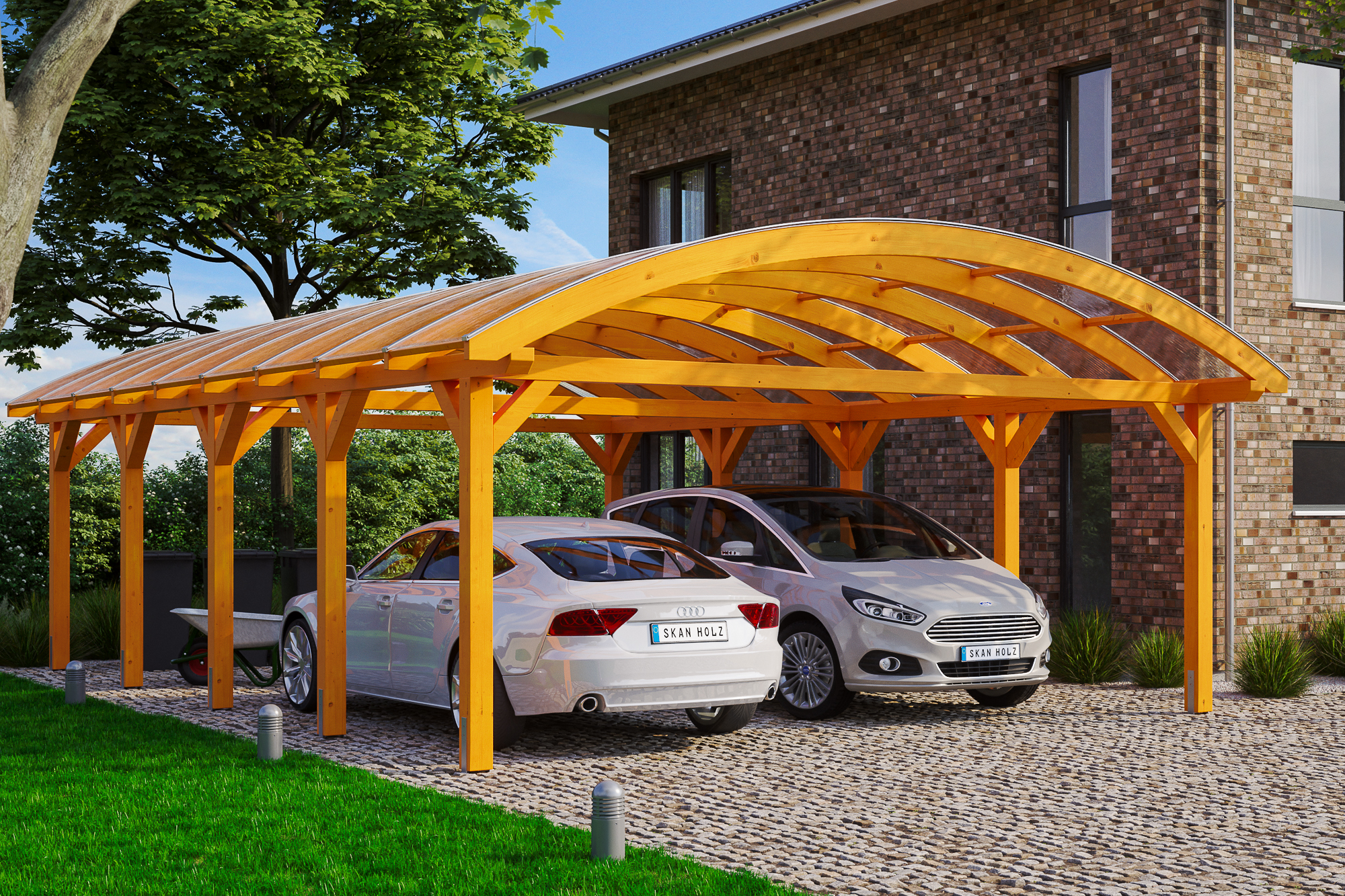 Ambientebild: Carport Franken 635 x 969 cm, farblich behandelt in eiche hell