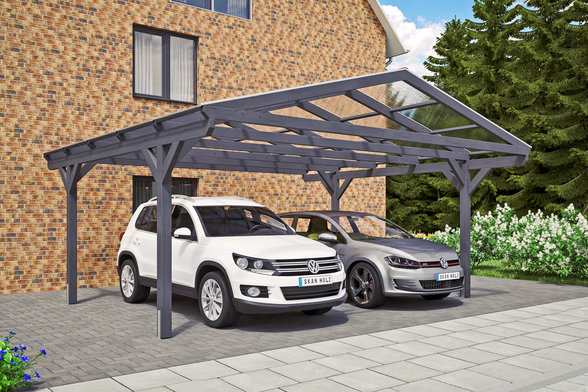 Carport Westerwald 570 x 541 cm, gelakt in leigrijs, met polycarbonaatplaten
