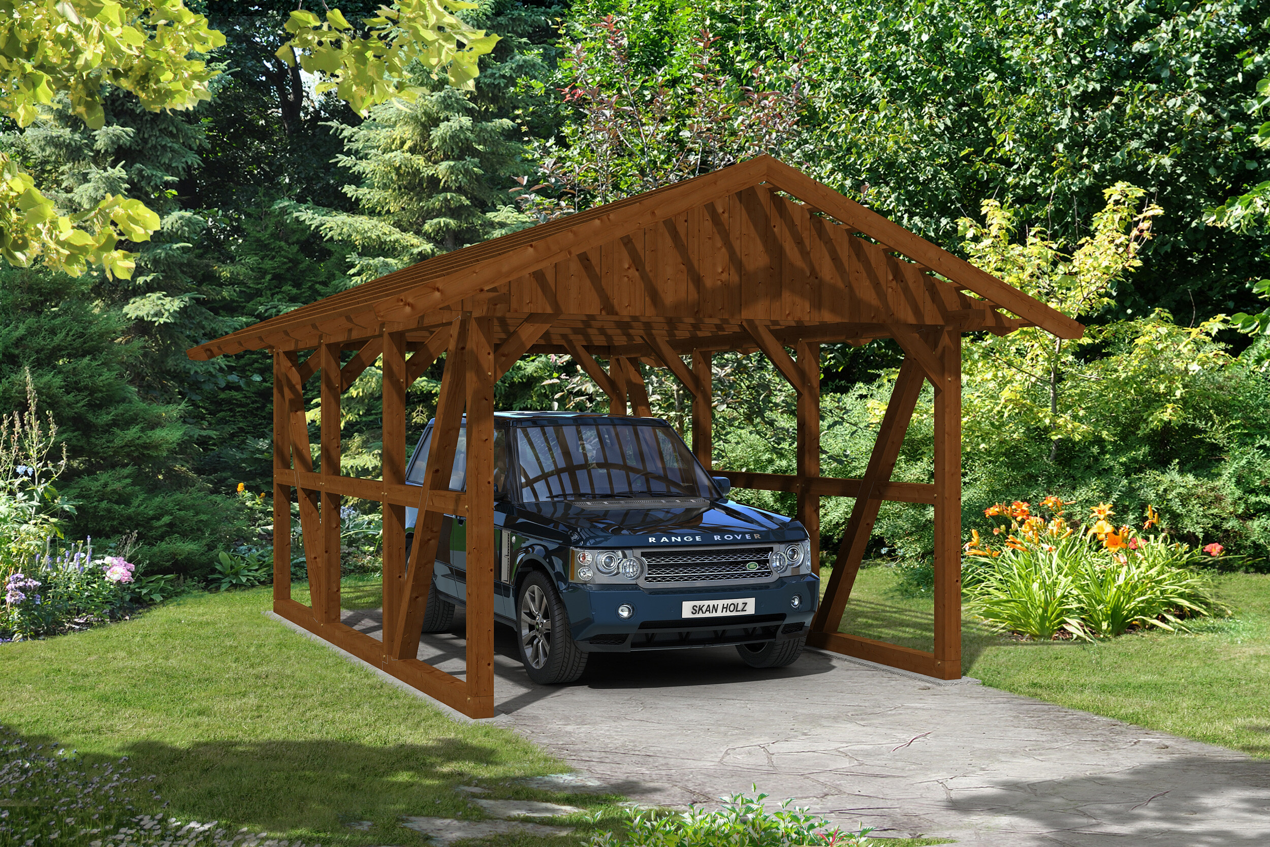 Carport Schwarzwald 424 x 600 cm, nussbaum, mit Dachlattung