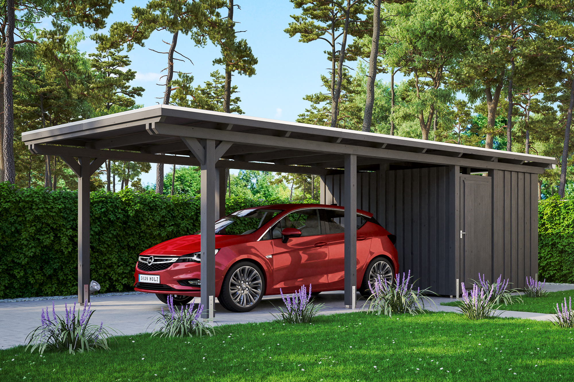 Ambientebild: Carport Emsland 354 x 846 cm mit Abstellraum, farblich behandelt in schiefergrau