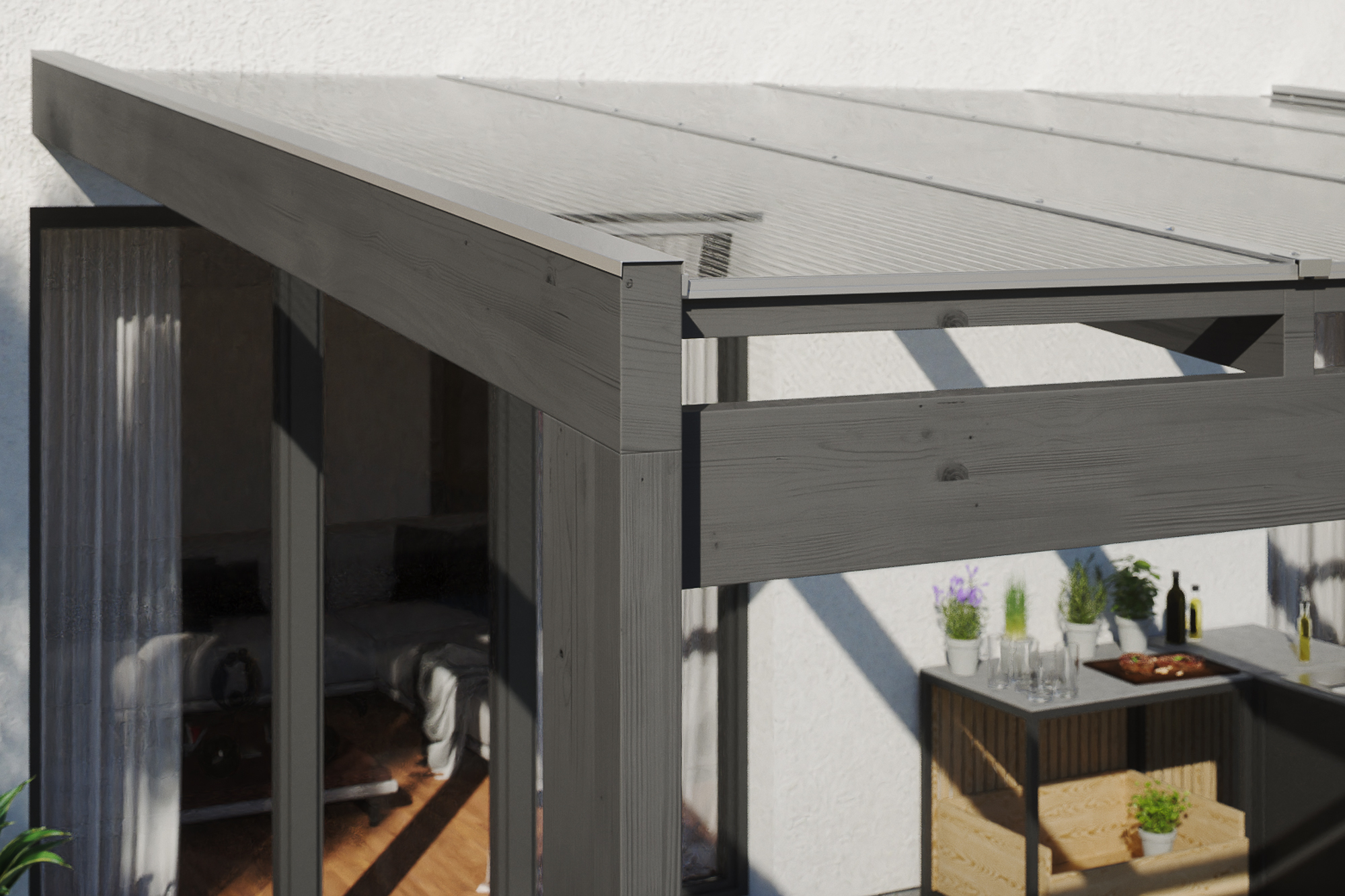 Detailbild einer Terrassenüberdachung Novara farblich behandelt in schiefergrau mit Blick seitlich auf das Dach