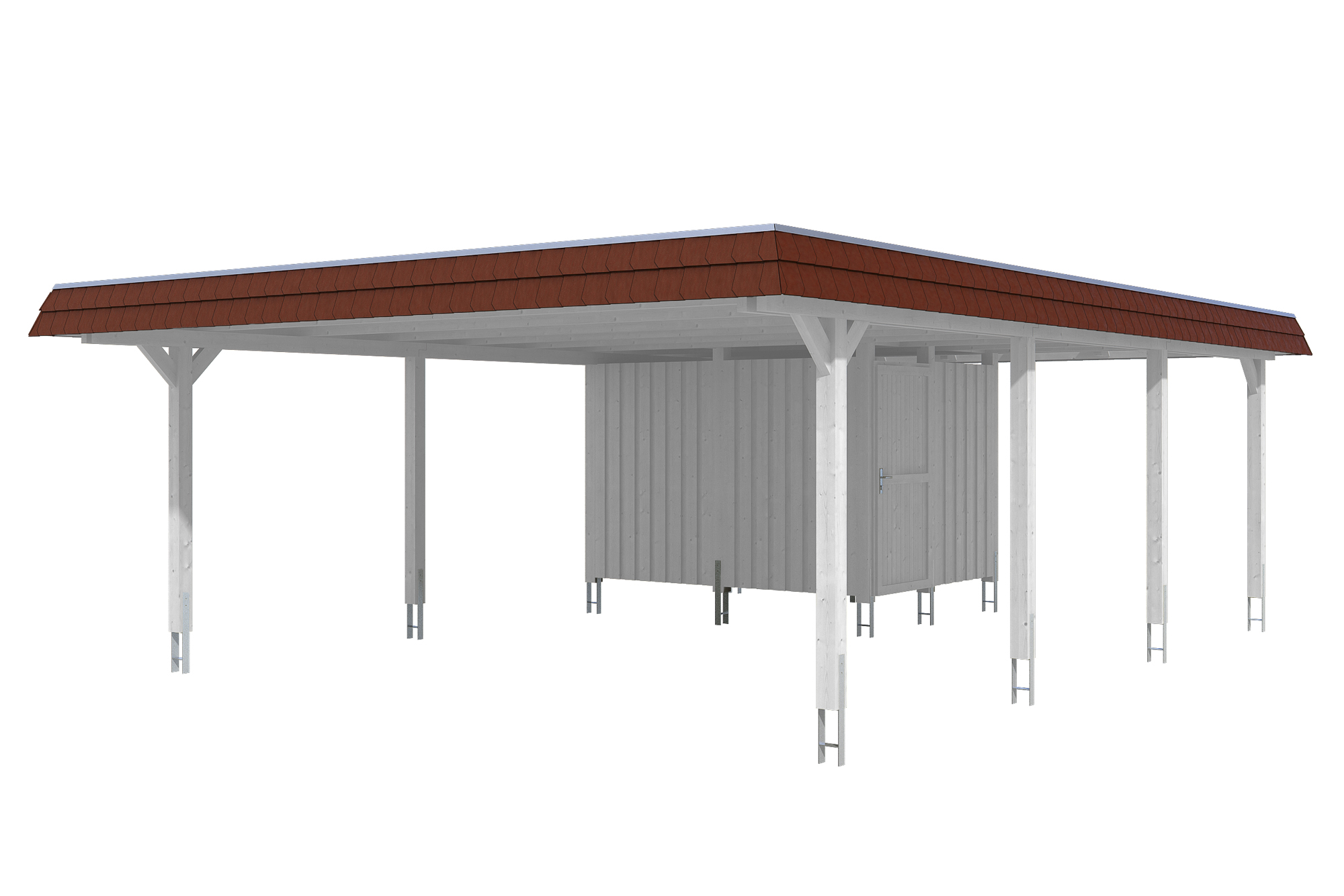 Carport Wendland with storage room 630 x 879 cm with EPDM roof, red fascia, colour pre-treated white