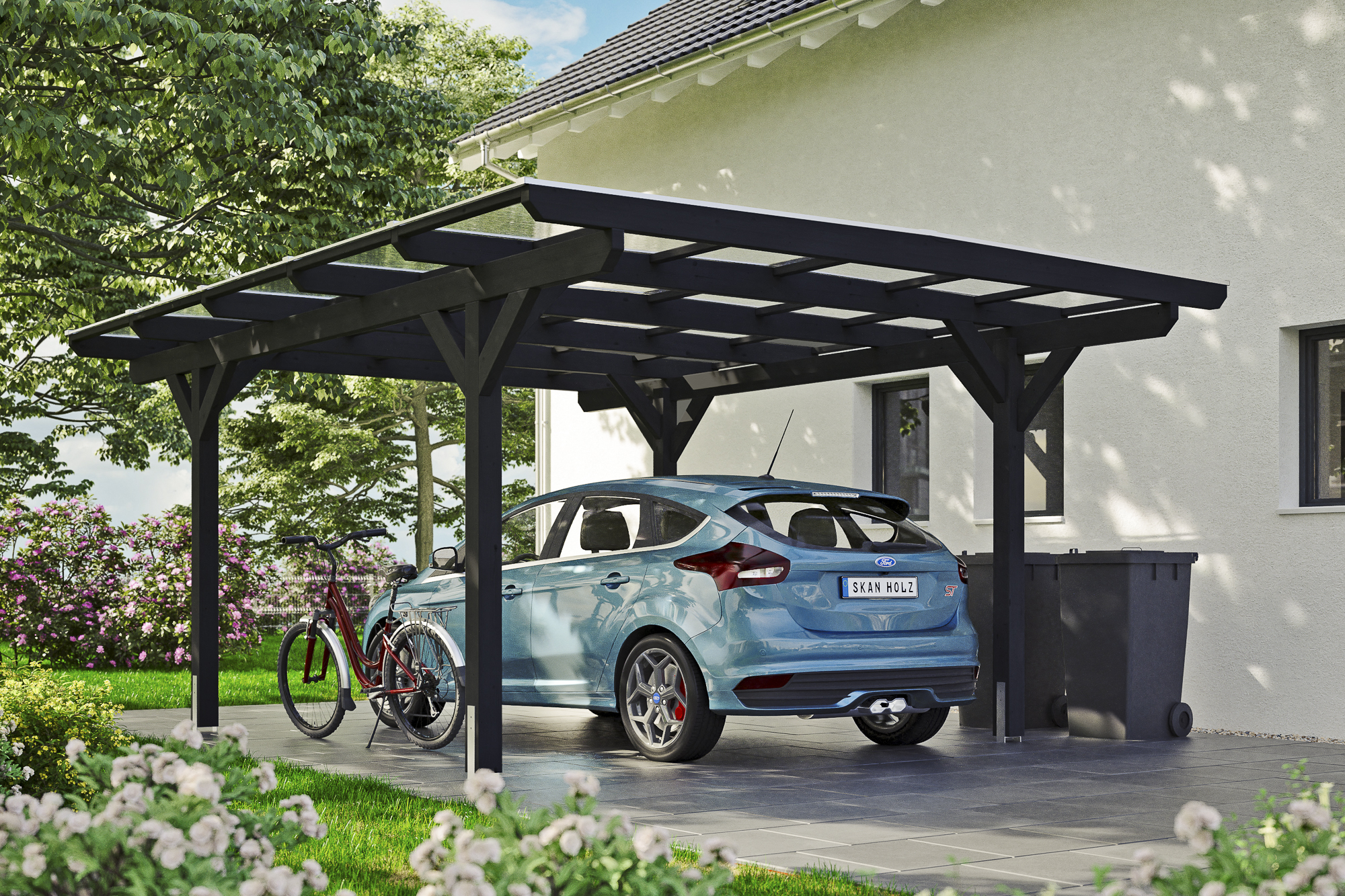 Ambientebild: Carport Odenwald 428 x 541 cm, farblich behandelt in anthrazit