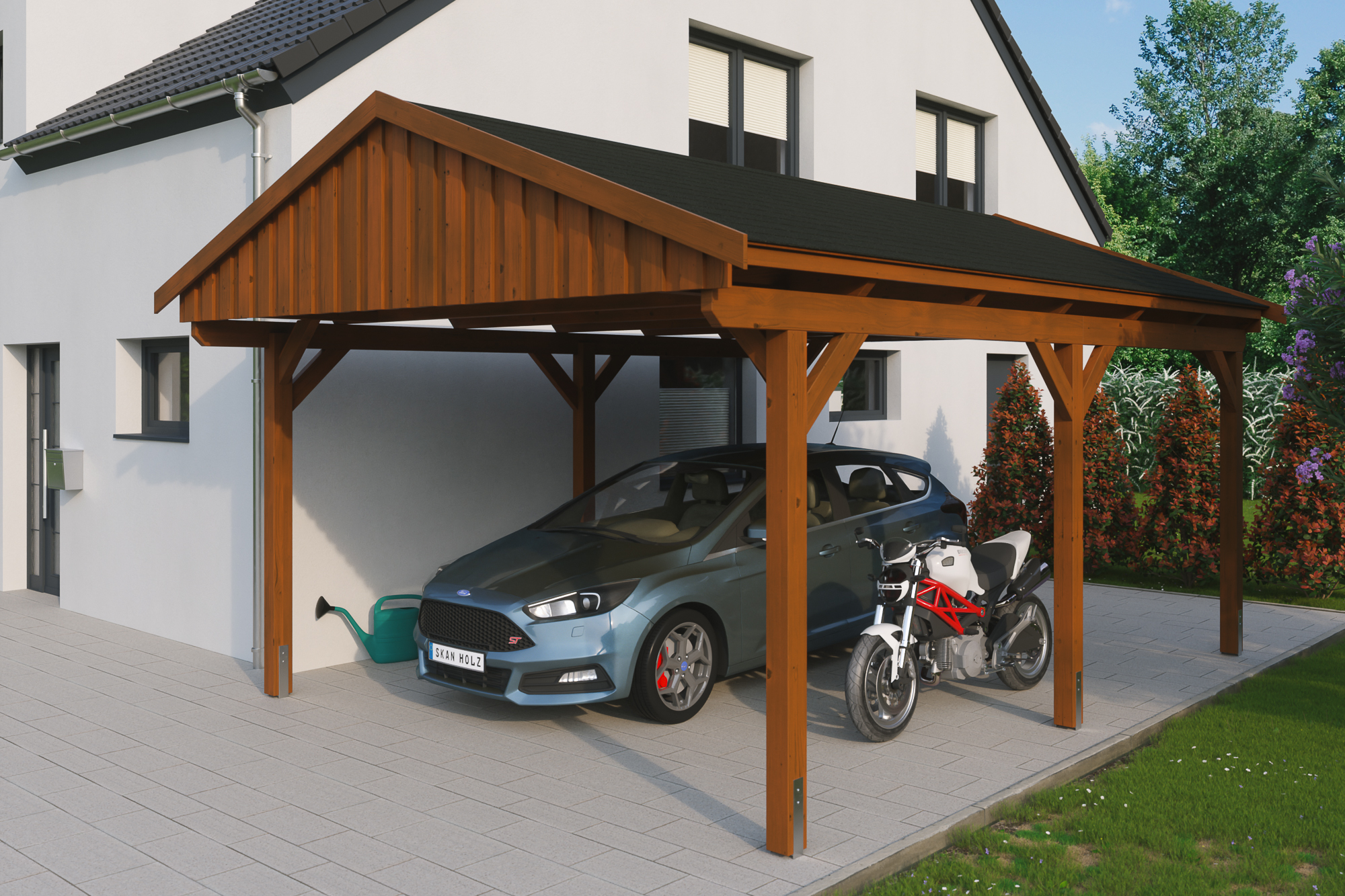 Ambientebild: Carport Fichtelberg 423 x 566 cm, farblich behandelt in nussbaum, mit schwarzen Dachschindeln