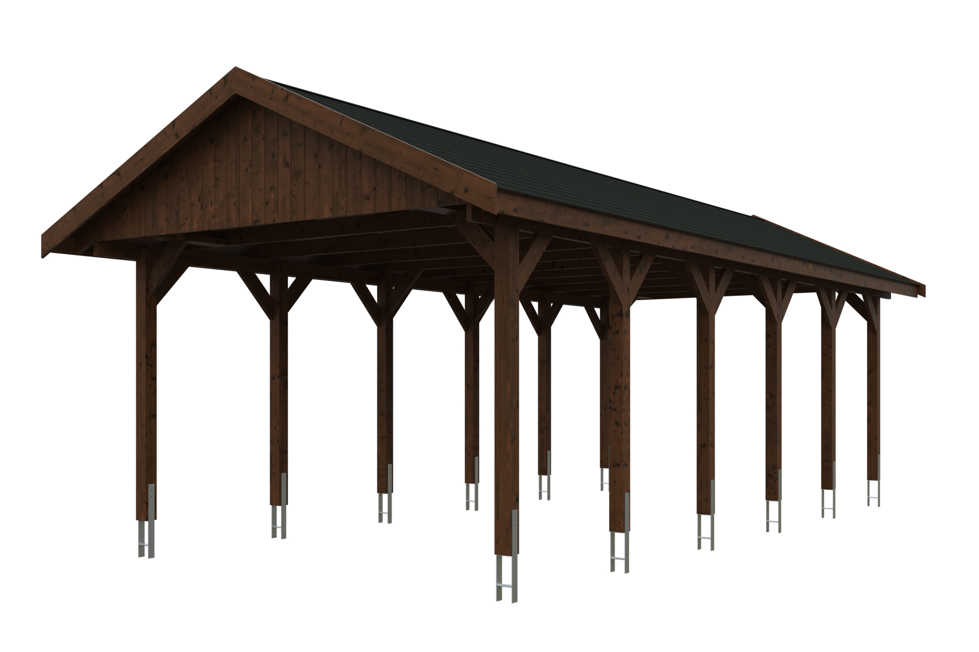 Produktbild: Carport Wallgau 430 x 900 cm, mit schwarzen Dachschindeln, farblich behandelt in nussbaum