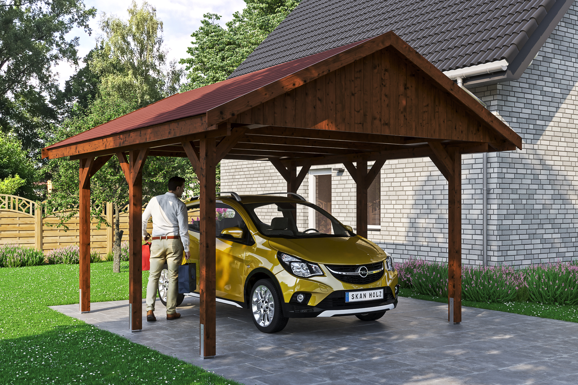 Ambientebild: Carport Wallgau 430 x 500 cm, mit roten Dachschindeln, farblich behandelt in nussbaum