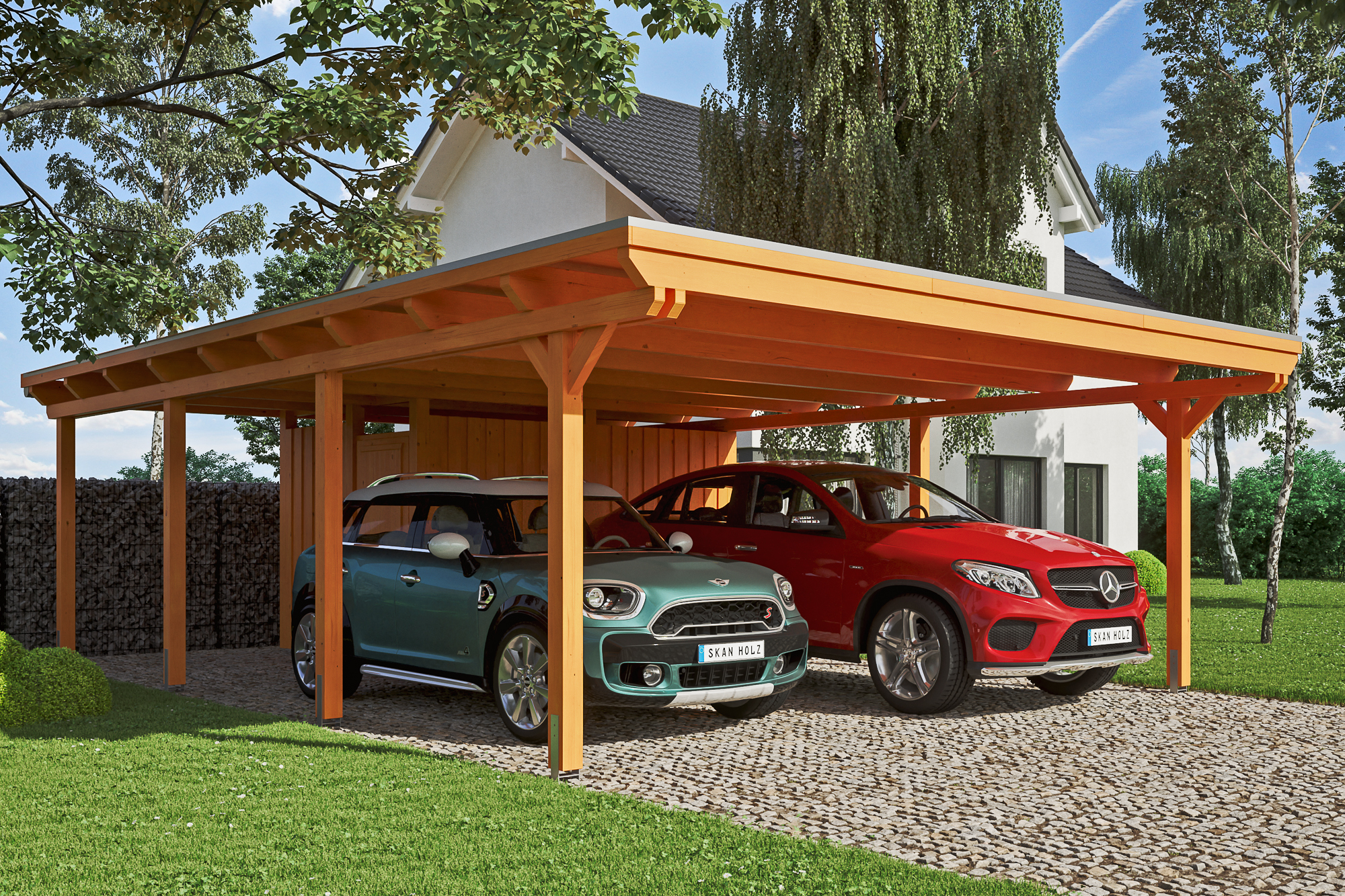 Carport Emsland 613 x 846 cm met bergruimte, gelakt in licht eiken, met dakbetimmering en EPDM-folie